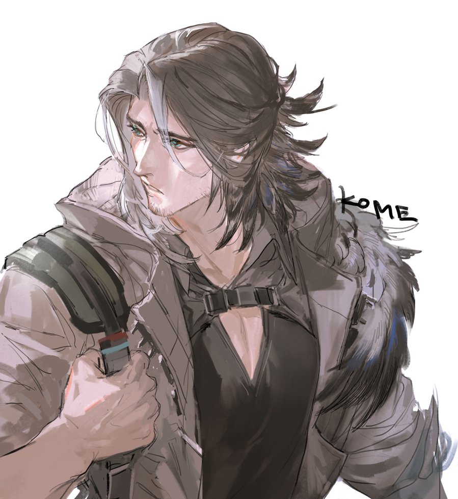 1boy arknights brown_hair frischenq hair_between_eyes long_hair looking_to_the_side male_focus multicolored_hair pectoral_cleavage pectorals shirt solo streaked_hair totter_(arknights) upper_body white_hair