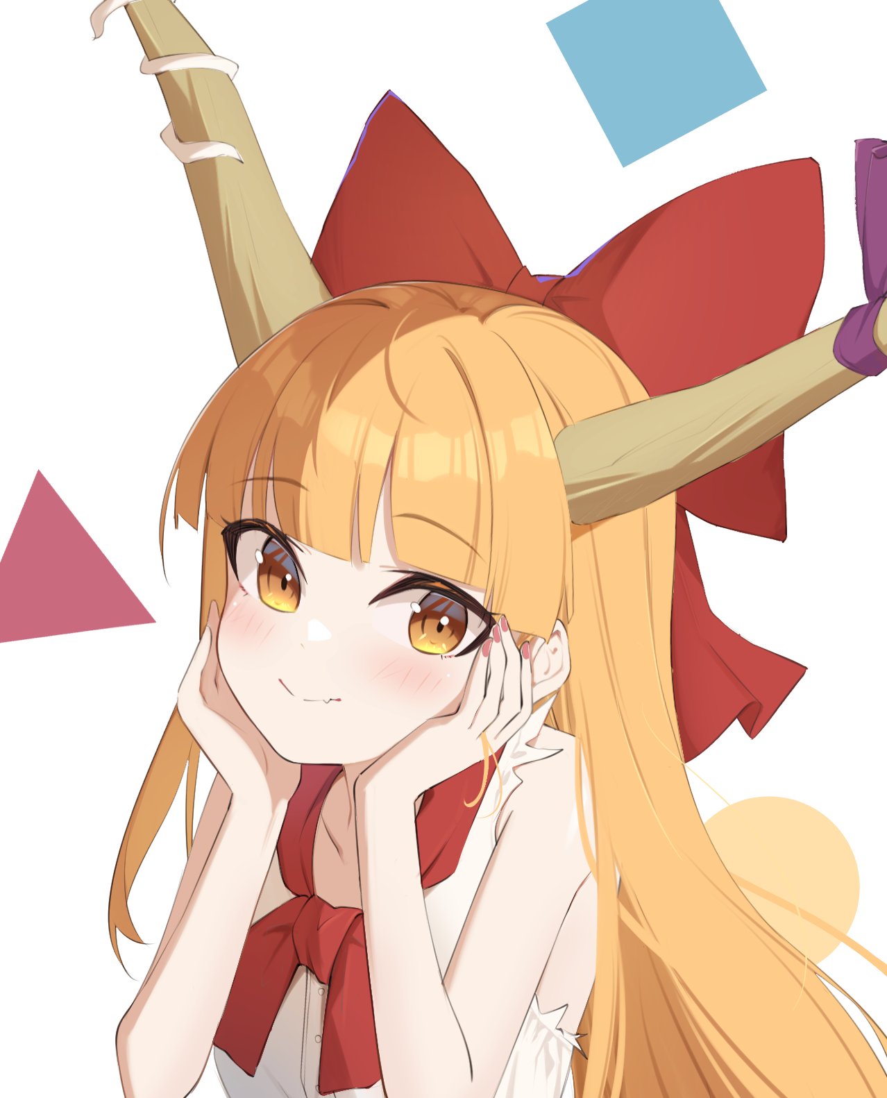 1girl blush bow buttons closed_mouth fang flat_chest hair_bow highres horns ibuki_suika long_hair looking_at_viewer oeyama oni_horns orange_eyes orange_hair red_bow shirt simple_background skin_fang smile solo torn_clothes torn_sleeves touhou upper_body white_background white_shirt