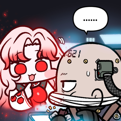 ... 1boy 1girl 621_(armored_core_6) :3 armored_core ayre_(armored_core_6) bags_under_eyes bald bandages blush_stickers chibi cockpit commentary english_commentary jazz_jack long_hair long_sleeves lowres object_through_head open_mouth pink_hair pointing pointing_at_self red_eyes screw_in_head sideways_glance speech_bubble spoken_ellipsis wavy_hair wide_face