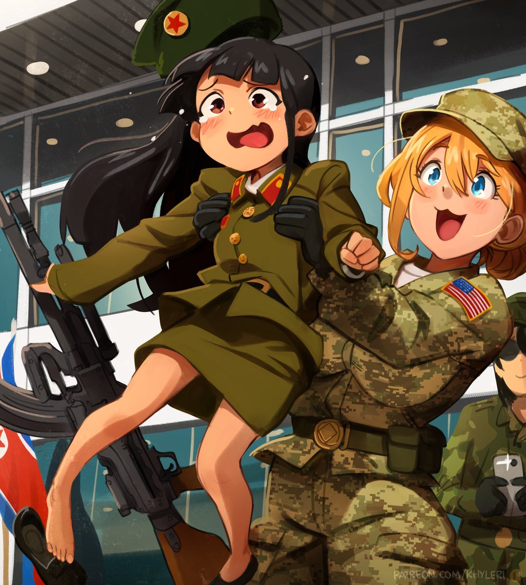 3girls american_flag black_gloves black_hair blonde_hair blue_eyes breasts brown_eyes camouflage camouflage_jacket camouflage_pants crying_emoji digital_camouflage emoji english_commentary feet full_body gloves green_shirt green_skirt gun hair_between_eyes hat highres holding holding_weapon jacket khyle. large_breasts long_hair military_hat military_uniform multiple_girls north_korean_flag open_mouth original outdoors pants patrol_cap petite photo-referenced rifle shirt shoe_loss skirt smile sunglasses taking_picture tearing_up toes uniform weapon