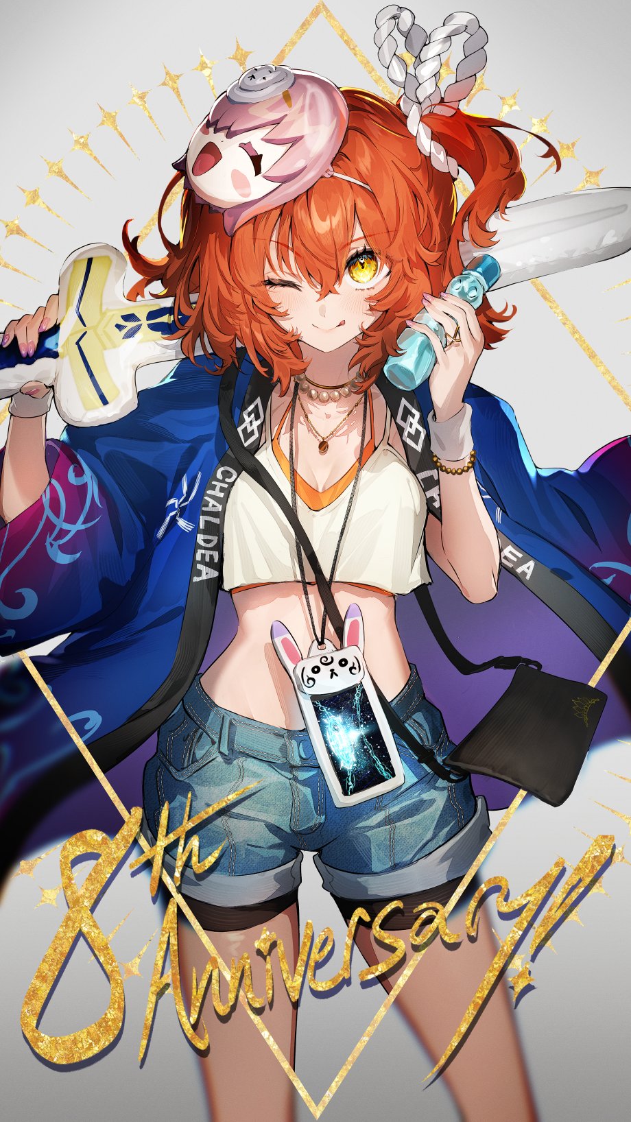 1girl anniversary bottle closed_mouth crop_top denim denim_shorts fate/grand_order fate_(series) fujimaru_ritsuka_(female) galibo glass_bottle hair_between_eyes highres holding holding_bottle holding_sword holding_weapon jewelry lanyard looking_at_viewer mash_kyrielight medium_hair necklace one_eye_closed pearl_necklace pink_nails ramune shorts side_ponytail smile solo sword tongue tongue_out toy_sword weapon yellow_eyes