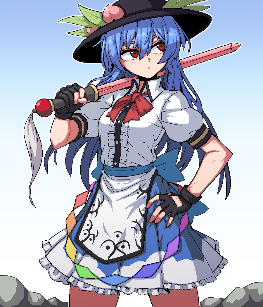 1girl black_gloves black_headwear blue_hair blue_skirt blush breasts buttons center_frills closed_mouth collared_shirt cowboy_shot fingernails formicid frilled_skirt frills fruit_hat_ornament gloves hair_between_eyes hat hat_ornament hinanawi_tenshi holding holding_sword holding_weapon long_hair medium_breasts peach_hat_ornament puffy_short_sleeves puffy_sleeves red_eyes shirt short_sleeves skirt solo sword touhou weapon white_shirt