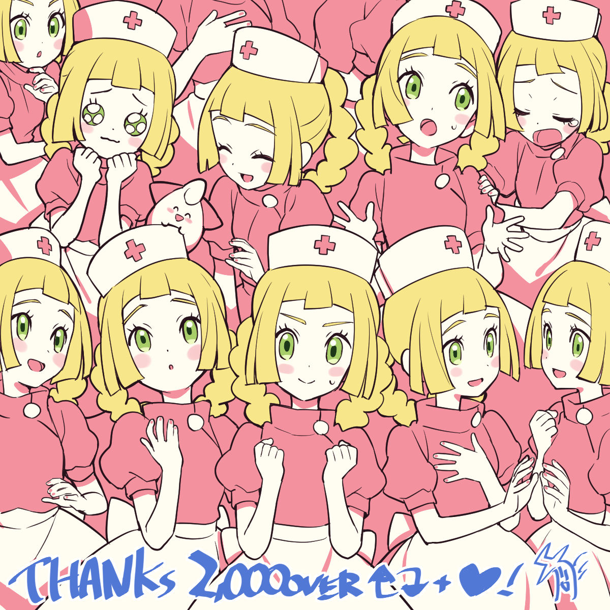 6+girls :d :o blonde_hair blunt_bangs blush_stickers closed_eyes closed_mouth cosplay eyelashes hands_up hat heart highres joy_(pokemon) joy_(pokemon)_(cosplay) kinocopro lillie_(pokemon) long_hair looking_at_viewer milestone_celebration multiple_girls nurse_cap open_mouth parted_lips pink_shirt pokemon pokemon_(anime) pokemon_sm_(anime) shirt short_sleeves smile sweatdrop thank_you white_headwear