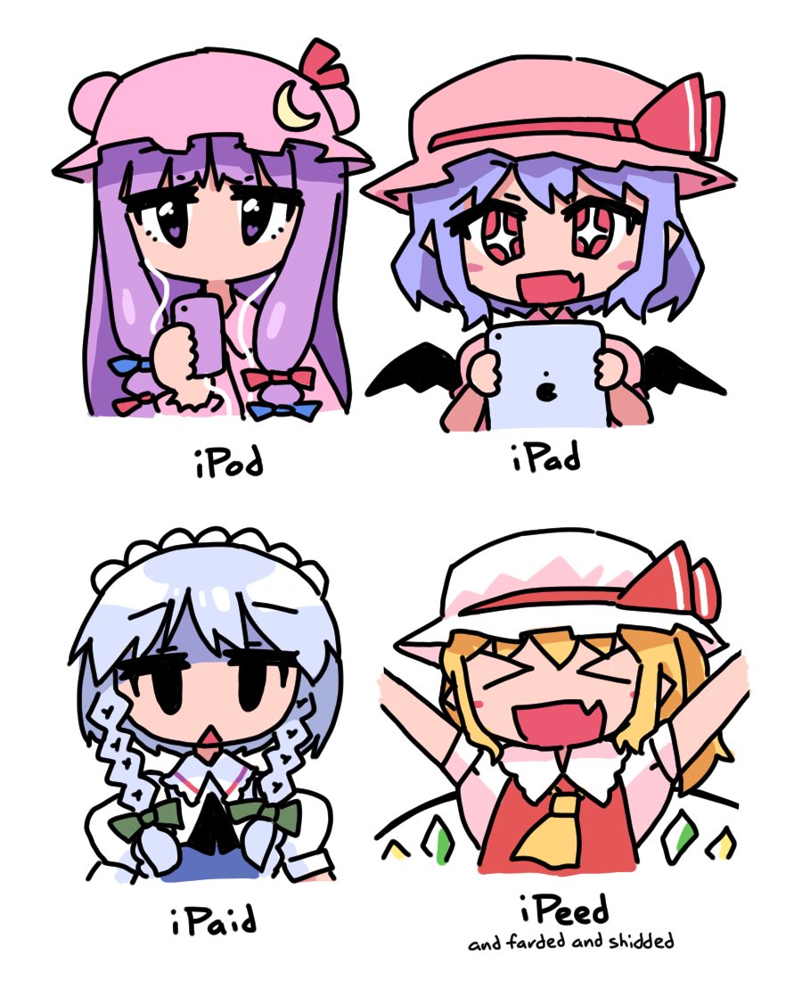 &gt;_&lt; 4girls :d apple_inc. ascot bat_wings blonde_hair blue_bow blunt_bangs blush_stickers bow braid cable commentary crescent crescent_hat_ornament cropped_torso crystal digital_media_player earphones earphones english_commentary english_text fang flandre_scarlet green_bow grey_hair hair_bow half-closed_eyes hat hat_bow hat_ornament hat_ribbon heart heart-shaped_pupils holding holding_tablet_pc ipad ipaid_(meme) ipod izayoi_sakuya jitome light_purple_hair loneoni long_hair maid maid_headdress medium_hair meme mob_cap multiple_girls no_mouth open_mouth patchouli_knowledge puffy_sleeves purple_hair red_bow red_eyes remilia_scarlet ribbon short_hair sidelocks simple_background skin_fang smile solid_oval_eyes star-shaped_pupils star_(symbol) symbol-shaped_pupils tablet_pc touhou triangle_mouth twin_braids violet_eyes white_background wings xd yellow_ascot