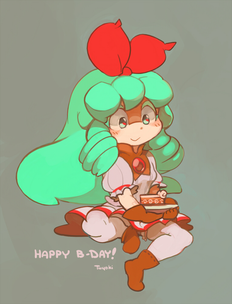 1girl artist_name birthday birthmark boots borrowed_character bow brown_collar brown_footwear brown_gloves closed_mouth collar collared_dress colored_eyelashes curly_hair dress english_commentary food frilled_sleeves frills full_body gem gift_art gloves green_eyes green_hair grey_background hair_bow happy_birthday holding holding_food holding_plate light_blush long_hair original plate puffy_short_sleeves puffy_sleeves red_bow red_gemstone red_pupils red_trim ribbon-trimmed_footwear short_dress short_sleeves sidelocks smile solo striped striped_dress temmie_chang thigh-highs vertical-striped_dress vertical_stripes white_dress white_thighhighs