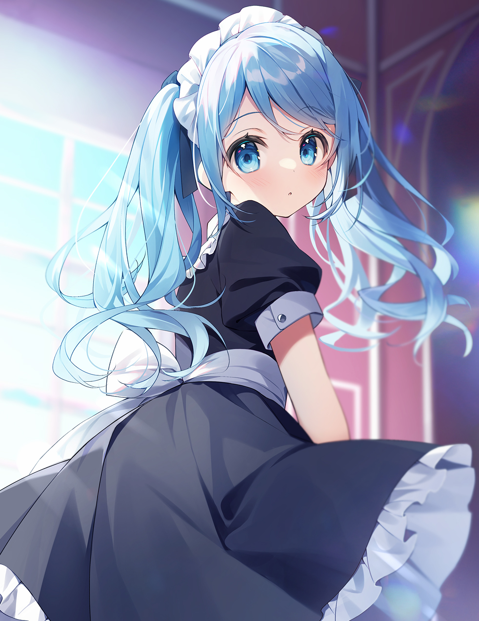 1girl apron back_bow black_dress blue_eyes blue_hair blurry blurry_background blush bow depth_of_field dress frilled_dress frills highres indoors long_hair looking_at_viewer looking_back maid maid_apron maid_headdress original puffy_short_sleeves puffy_sleeves sesera_(suimya) short_sleeves solo suimya twintails waist_apron white_apron window