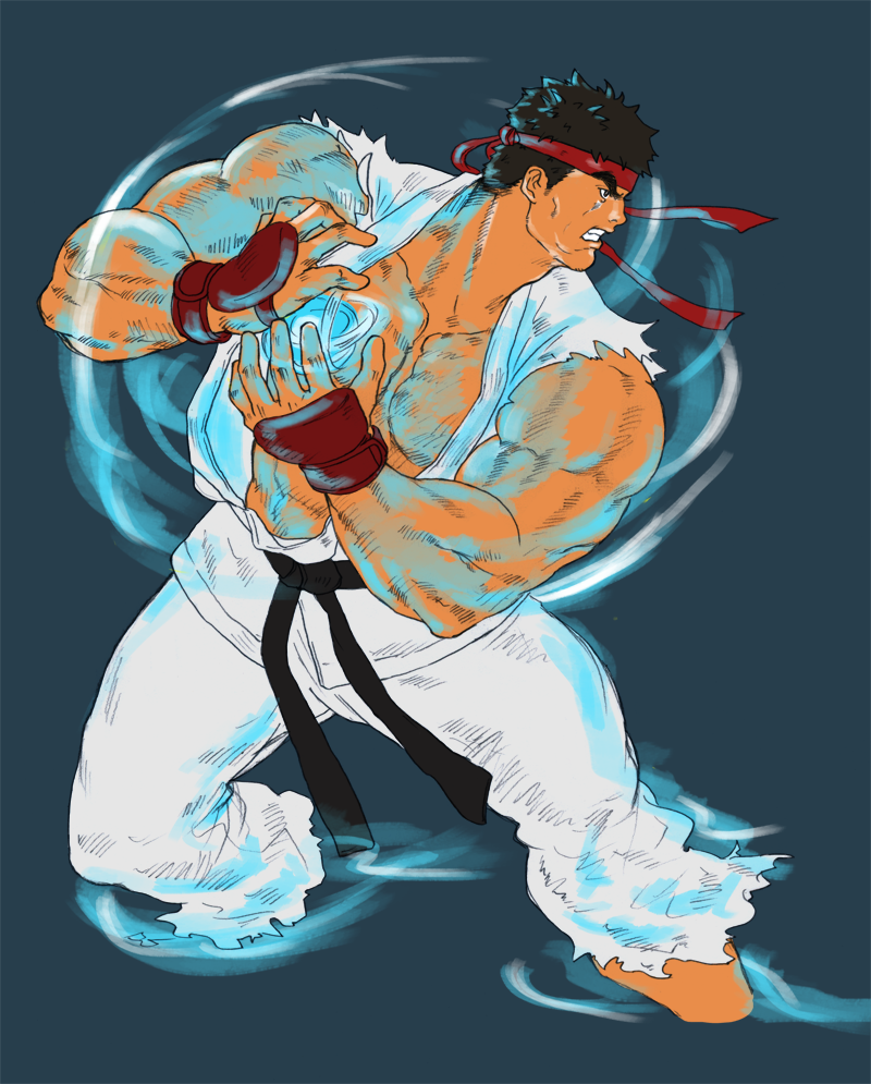 1boy black_hair clenched_teeth cropped_legs dougi energy_ball fighting_stance forked_eyebrows hadouken headband hereticanthemthed looking_to_the_side male_focus muscular muscular_male pectoral_cleavage pectorals red_headband ryu_(street_fighter) short_hair solo street_fighter teeth thick_eyebrows