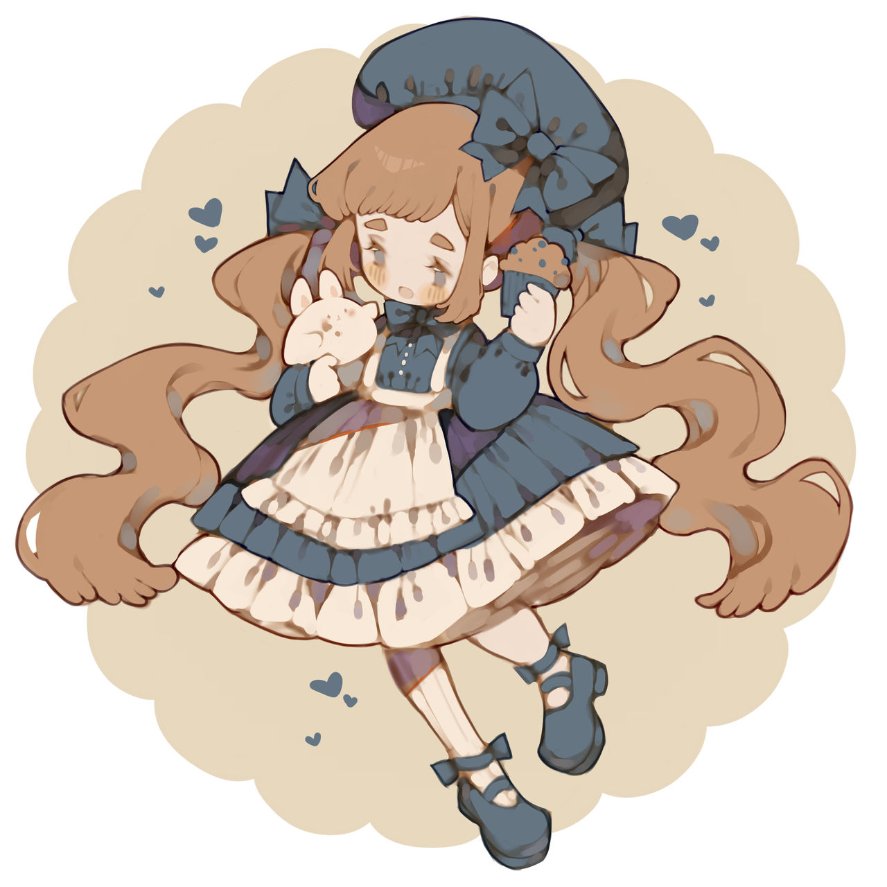 1girl apron artist_self-insert asymmetrical_legwear beret blue_bow blue_bowtie blue_dress blue_eyes blue_footwear blue_headwear blueberry blush_stickers bow bowtie brown_hair buttons chibi circle crumbs deviantart_sample dress english_commentary eyelashes food footwear_bow frilled_apron frilled_dress frills fruit hair_bow hand_up happy hat hat_bow heart highres holding holding_food holding_rabbit image_sample light_blush littlebluemuffin long_hair long_sleeves mary_janes muffin open_mouth original pantyhose puffy_long_sleeves puffy_sleeves rabbit shoes short_dress smile solo striped striped_pantyhose twintails vertical-striped_pantyhose vertical_stripes very_long_hair white_apron white_background white_pantyhose