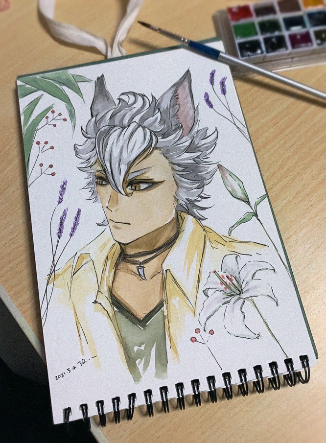 1boy animal_ears art_tools_in_frame bishounen brown_eyes brown_jacket closed_mouth flower green_shirt hair_between_eyes jack_howl jacket jewelry kyo_(kyooccch) male_focus necklace paintbrush painting_(medium) palette_(object) portrait purple_flower shirt sketchbook solo traditional_media twisted_wonderland watercolor_(medium) white_hair white_lily wolf_ears
