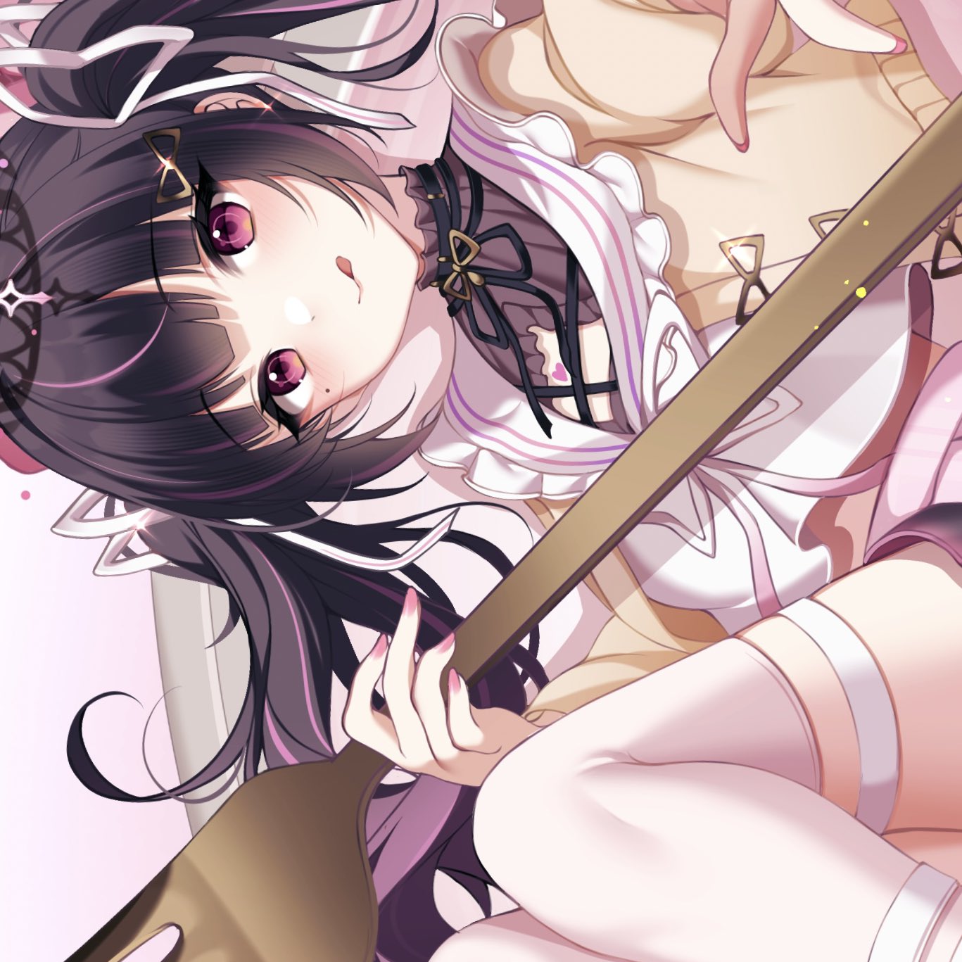 1girl black_hair black_ribbon blazer commission commissioner_upload cutout frills giant_fork hair_ribbon highres himemiya_rie holding jacket kiyochii licking_lips multicolored_hair neck_ribbon phase_connect pink_hair pink_nails pink_skirt red_eyes ribbon school_uniform sideways skeb_commission skirt solo streaked_hair thigh-highs tongue tongue_out twintails virtual_youtuber white_ribbon white_thighhighs