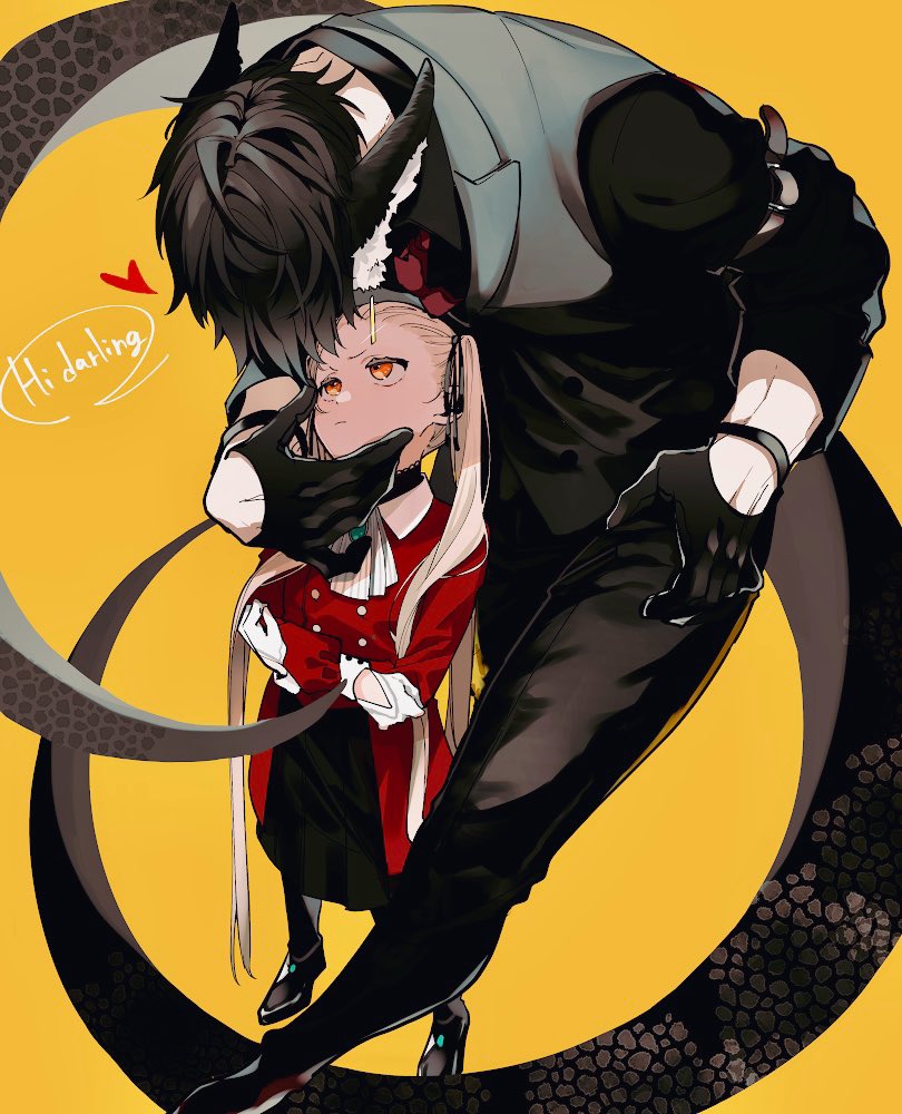 1boy 1girl black_bow black_gloves black_hair blonde_hair bow character_request crossed_arms full_body gloves hair_ornament heart long_hair looking_at_another looking_down looking_up necktie red_necktie short_hair snake_boy suit twintails very_long_hair yellow_background yellow_eyes zabeo0125