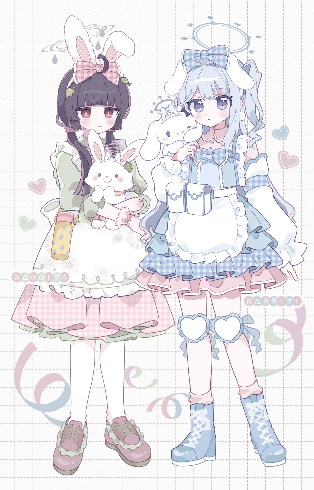 2girls aeruusa ahoge alternate_costume animal animal_ears apron bare_shoulders black_hair blue_archive blue_bow blue_dress blue_footwear blue_halo blush boots bow brown_footwear closed_mouth detached_sleeves dress fake_animal_ears floppy_ears frilled_apron frills full_body green_dress grey_hair grey_halo hair_bow halo heart highres leaf leaf_on_head light_smile long_hair miyako_(blue_archive) miyu_(blue_archive) multiple_girls pink_bow plaid plaid_bow ponytail rabbit rabbit_ears red_eyes shoes violet_eyes waist_apron white_apron white_sleeves