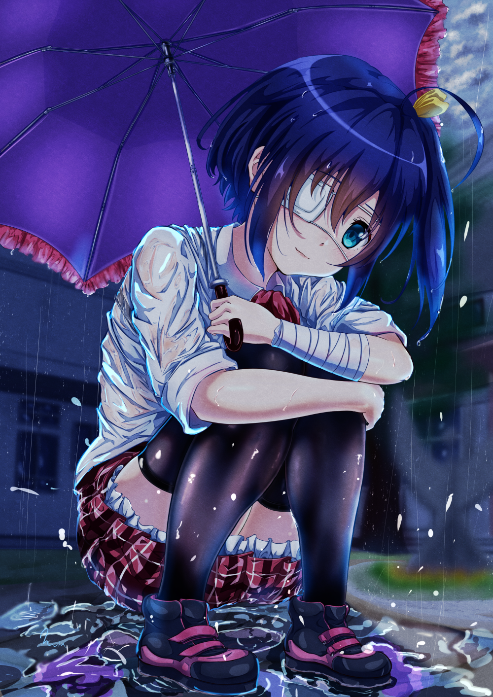1girl ahoge aqua_eyes bandaged_arm bandages black_footwear black_thighhighs blue_hair blurry blurry_background blush chuunibyou_demo_koi_ga_shitai! closed_mouth clouds cloudy_sky commentary_request dress_shirt english_commentary eyelashes eyepatch frilled_skirt frilled_umbrella frills full_body hair_between_eyes hair_ribbon head_tilt highres holding holding_umbrella hugging_own_legs knees_together_feet_apart leaning_forward lips long_sleeves looking_at_viewer medium_hair miniskirt mixed-language_commentary noir_(nowaru) one_eye_covered one_side_up outdoors plaid plaid_skirt puddle rain red_skirt ribbon school_uniform see-through see-through_shirt shirt shoes skirt sky sleeves_rolled_up smile sneakers solo squatting takanashi_rikka thigh-highs thighs umbrella wet wet_clothes wet_shirt white_shirt yellow_ribbon zettai_ryouiki