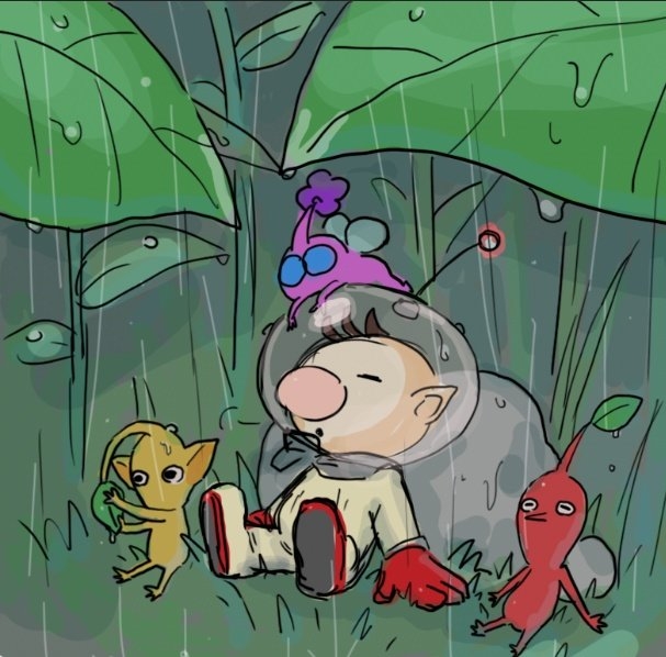 1boy alien big_nose black_eyes blue_eyes brown_hair closed_eyes colored_skin commentary flower gloves grass groom helmet holding holding_leaf insect_wings leaf lying lying_on_person male_focus no_mouth olimar on_stomach open_mouth outdoors pikmin_(creature) pikmin_(series) pink_nose pink_skin pointy_ears pointy_nose purple_flower radio_antenna rain red_gloves red_pikmin red_skin rock short_hair sitting sitting_on_head sitting_on_person solid_circle_eyes space_helmet spacesuit tomi_(iida108) very_short_hair whistle winged_pikmin wings yellow_pikmin yellow_skin