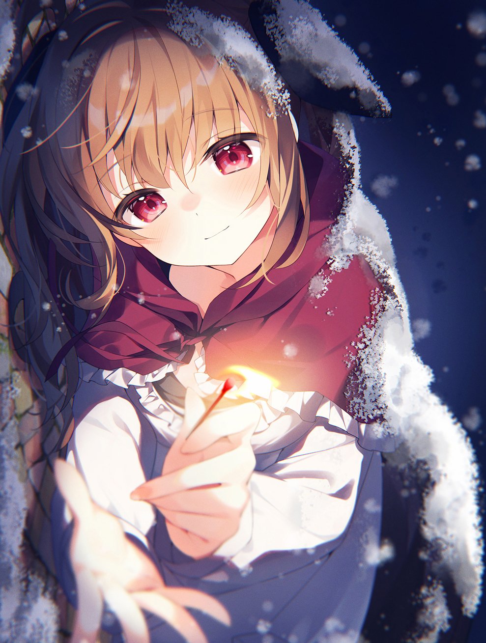 1girl blush brown_hair closed_mouth fire frills hair_between_eyes highres holding hood little_match_girl long_hair long_sleeves looking_ahead lying matches on_side original red_eyes shirt smile snow snow_on_head snowing solo suimya white_shirt