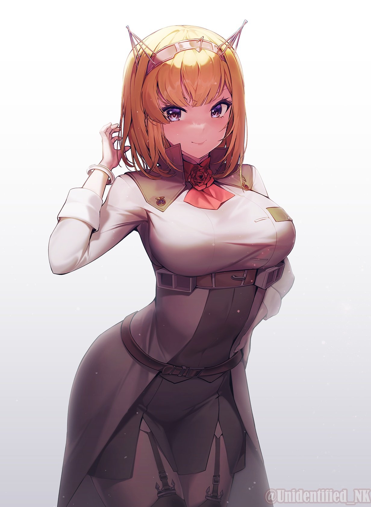 1girl ascot belt black_belt black_thighhighs blonde_hair blue_eyes breasts cowboy_shot flower gradient_background headgear highres kantai_collection large_breasts long_sleeves military_uniform red_ascot red_flower red_rose rodney_(kancolle) rose shirt short_hair skirt smile solo thigh-highs unidentified_nk uniform white_background