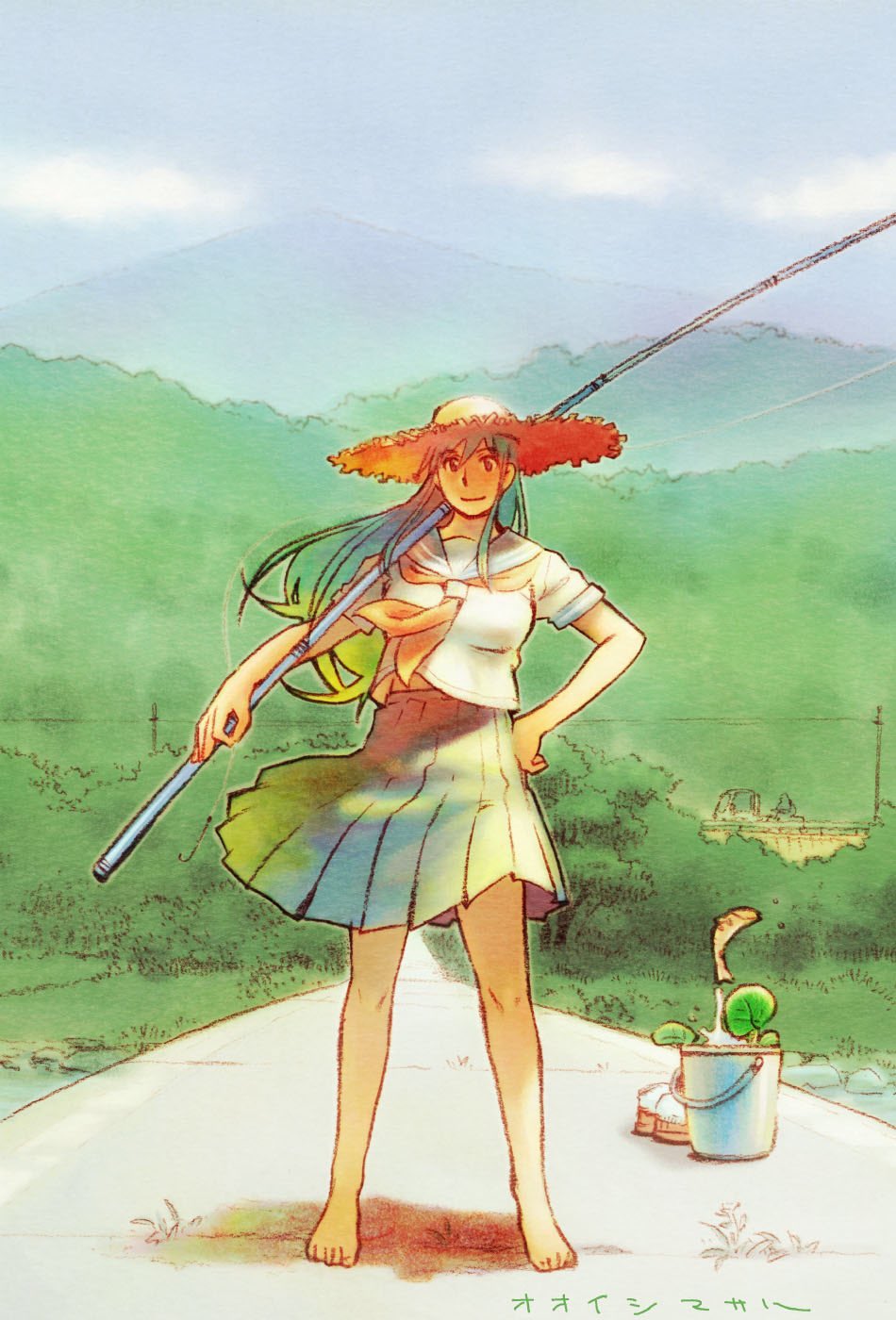 1girl barefoot bucket day fish fishing_rod floating_clothes floating_hair full_body green_hair hand_on_own_hip hat highres hill holding holding_fishing_rod long_hair looking_at_viewer neckerchief oidemaseri outdoors pleated_skirt ramb_chop road sailor_collar seri_(oidemaseri) shirt signature skirt solo straw_hat sun_hat tree white_shirt