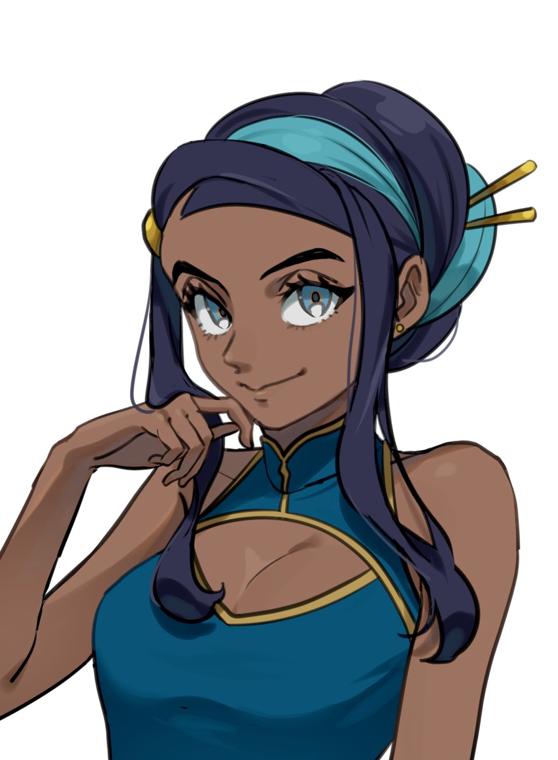 1girl alternate_costume alternate_hairstyle blue_dress blue_eyes china_dress chinese_clothes cleavage_cutout clothing_cutout dark_skin dress earrings echizen_(n_fns17) hair_up hand_on_own_face highres jewelry looking_at_viewer nessa_(pokemon) pokemon pokemon_(game) pokemon_swsh smile solo white_background