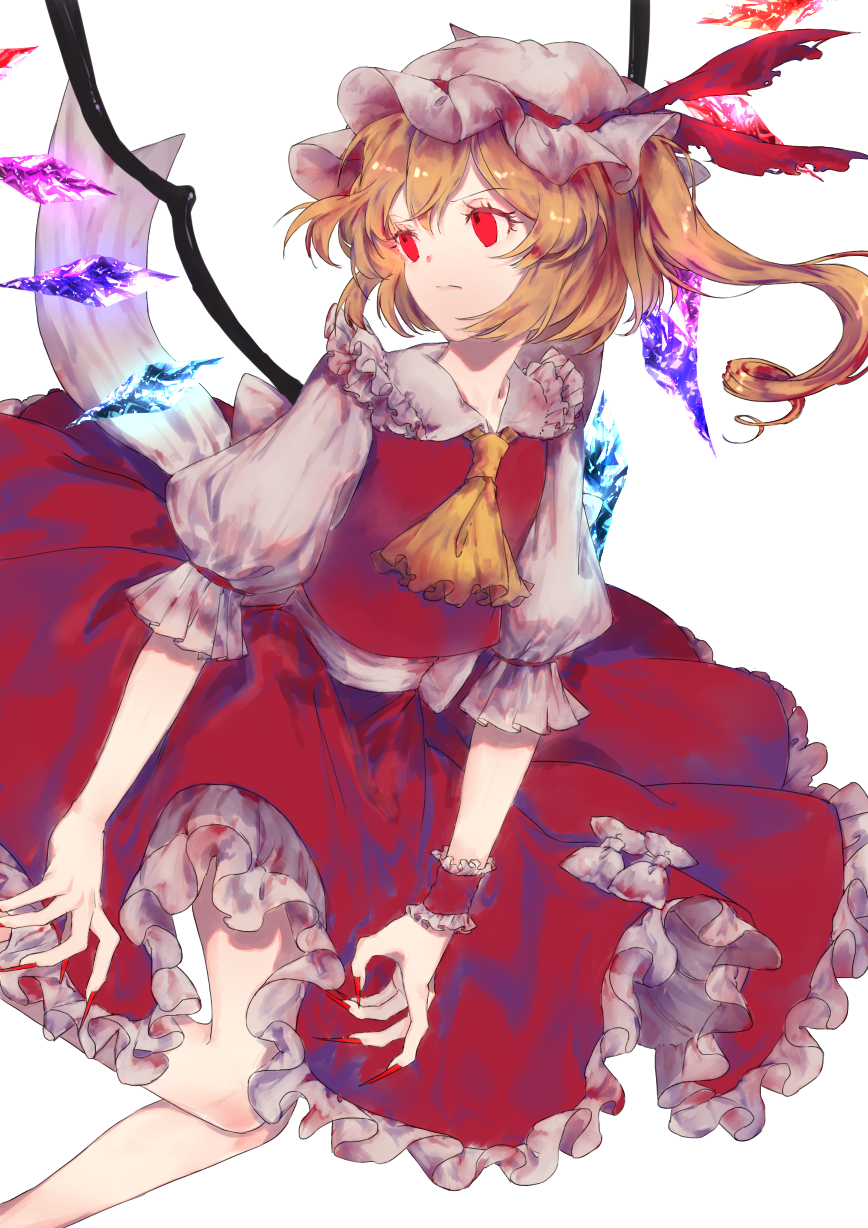 ama_asagi ascot back_bow blonde_hair bow closed_mouth collared_shirt crystal feet_out_of_frame fingernails flandre_scarlet frilled_shirt_collar frilled_skirt frilled_sleeves frills glowing glowing_wings hat hat_ribbon highres large_bow looking_to_the_side medium_hair multicolored_wings nail_polish one_side_up puffy_short_sleeves puffy_sleeves red_eyes red_nails red_ribbon red_skirt red_vest ribbon ribbon-trimmed_headwear ribbon_trim sharp_fingernails shirt short_sleeves simple_background skirt skirt_set sleeve_ribbon touhou vest white_background white_bow white_headwear white_shirt wings wrist_cuffs yellow_ascot