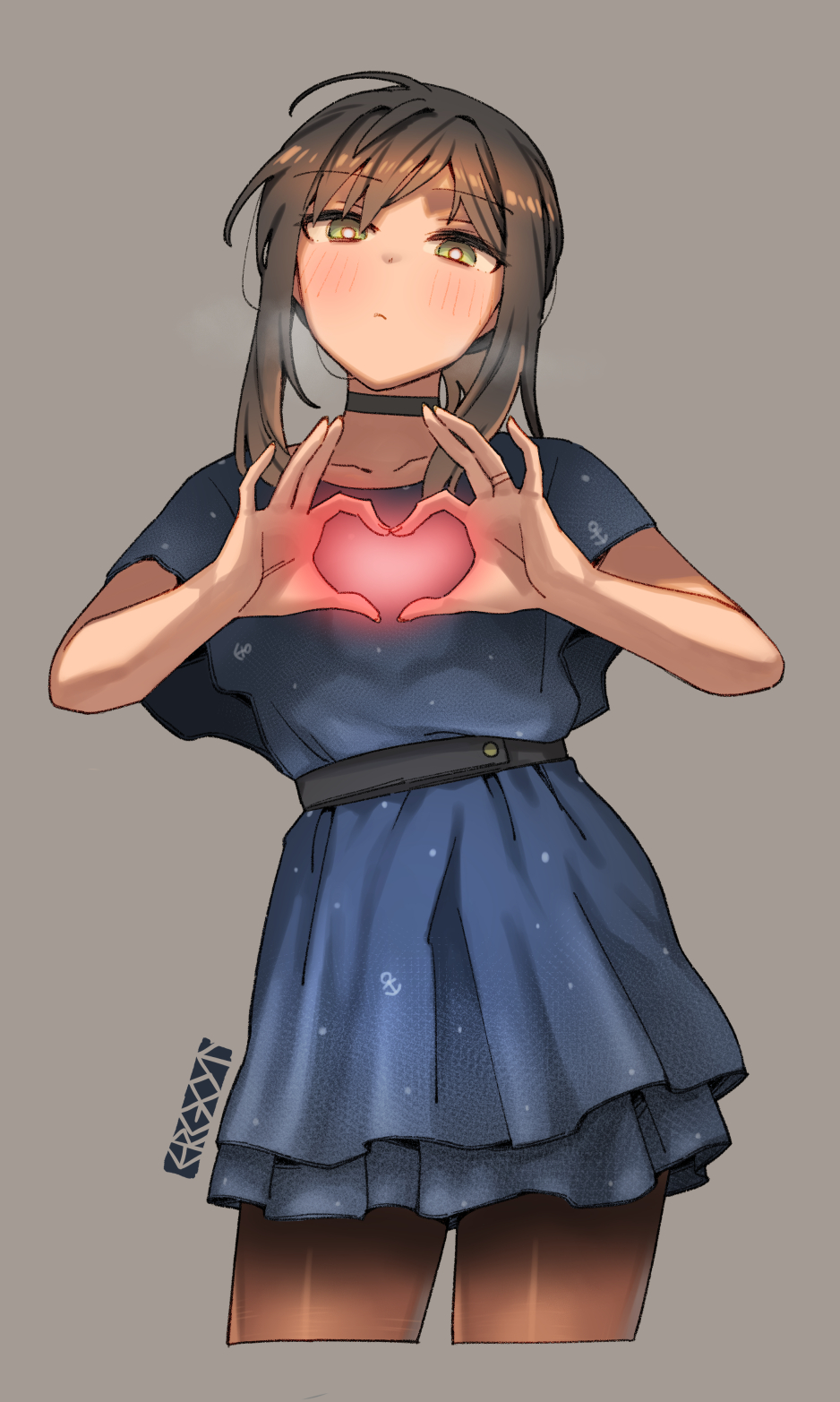 1girl artist_logo artist_name black_choker black_pantyhose blue_dress blush brown_hair choker closed_mouth collarbone commentary cowboy_shot cropped_legs dress ergot fubuki_(kancolle) green_eyes grey_background heart heart_hands highres kantai_collection looking_at_viewer pantyhose revision short_hair short_ponytail short_sleeves simple_background solo symbol-only_commentary wedding_dress