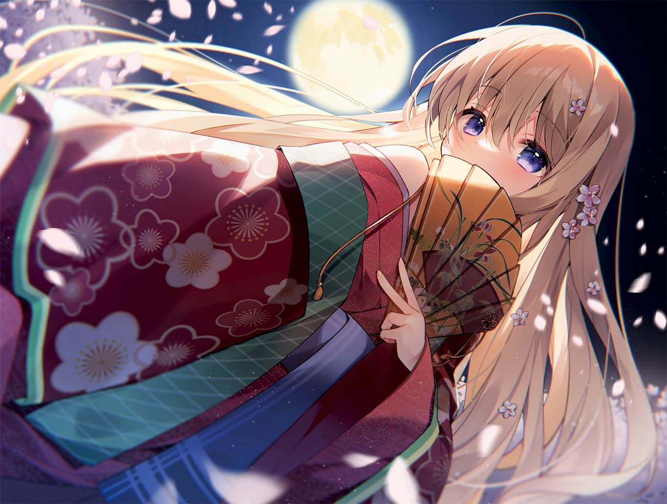 1girl bare_shoulders blonde_hair blush commentary_request cosplay covering_mouth floral_print flower folding_fan full_moon hair_between_eyes hair_flower hair_ornament hand_fan holding holding_fan japanese_clothes kimono long_hair long_sleeves looking_at_viewer moon night night_sky off_shoulder original petals pink_flower print_kimono red_kimono shirahana_(suimya) sky solo suimya very_long_hair violet_eyes white_flower wide_sleeves