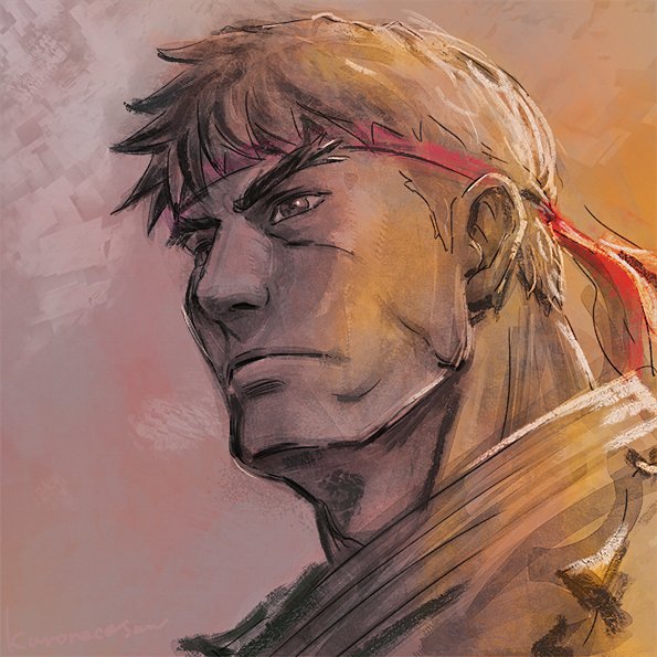 1boy black_hair cheekbones expressionless forked_eyebrows headband kuroneco looking_ahead male_focus muscular muscular_male portrait red_headband ryu_(street_fighter) short_hair solo street_fighter sunset thick_eyebrows
