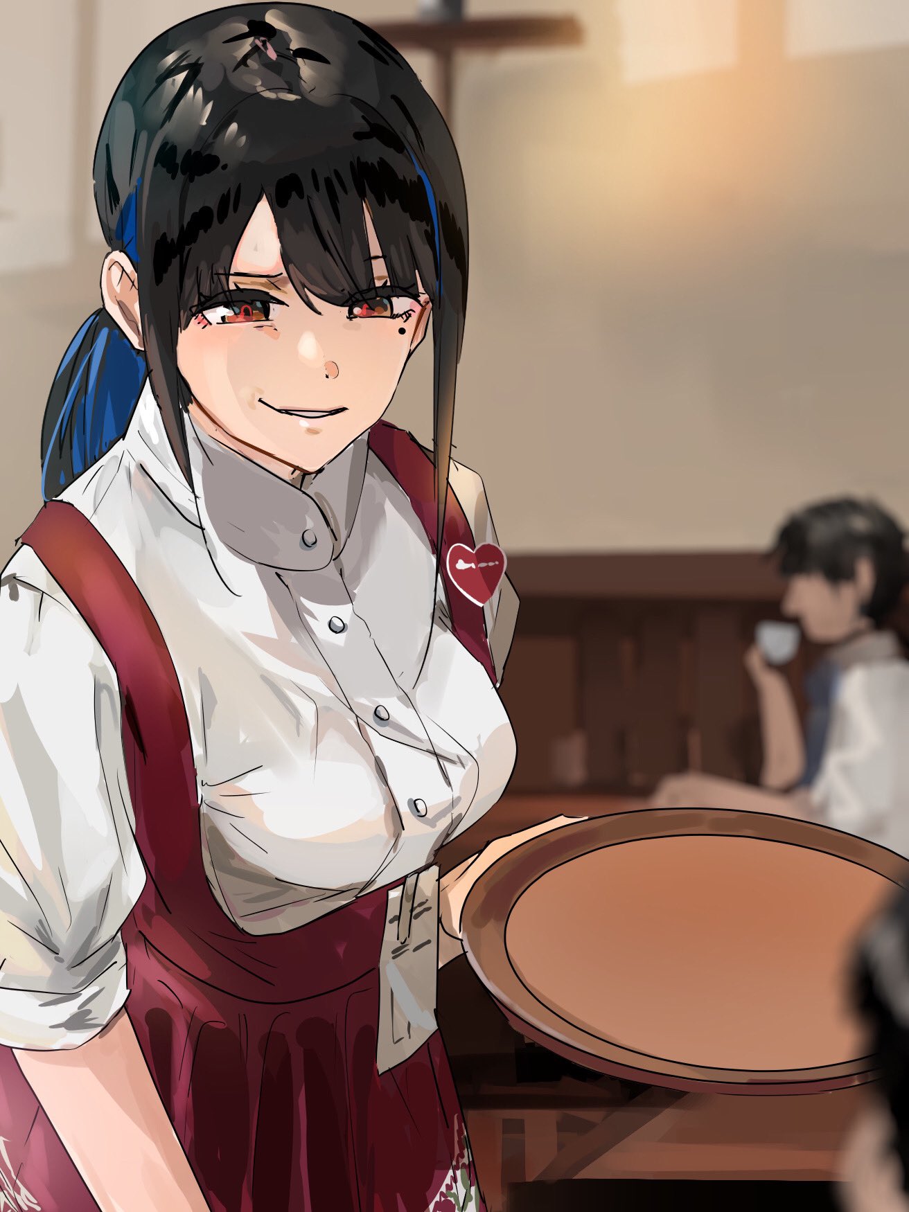 1boy 1girl black_hair blurry blurry_background blurry_foreground breasts clenched_teeth collared_shirt commentary_request depth_of_field dress_shirt funi_mu9 hair_between_eyes highres holding holding_plate indoors long_hair looking_at_viewer medium_breasts mole mole_under_eye original parted_lips plate red_eyes red_skirt shirt sidelocks skirt smile solo_focus teeth waitress white_shirt