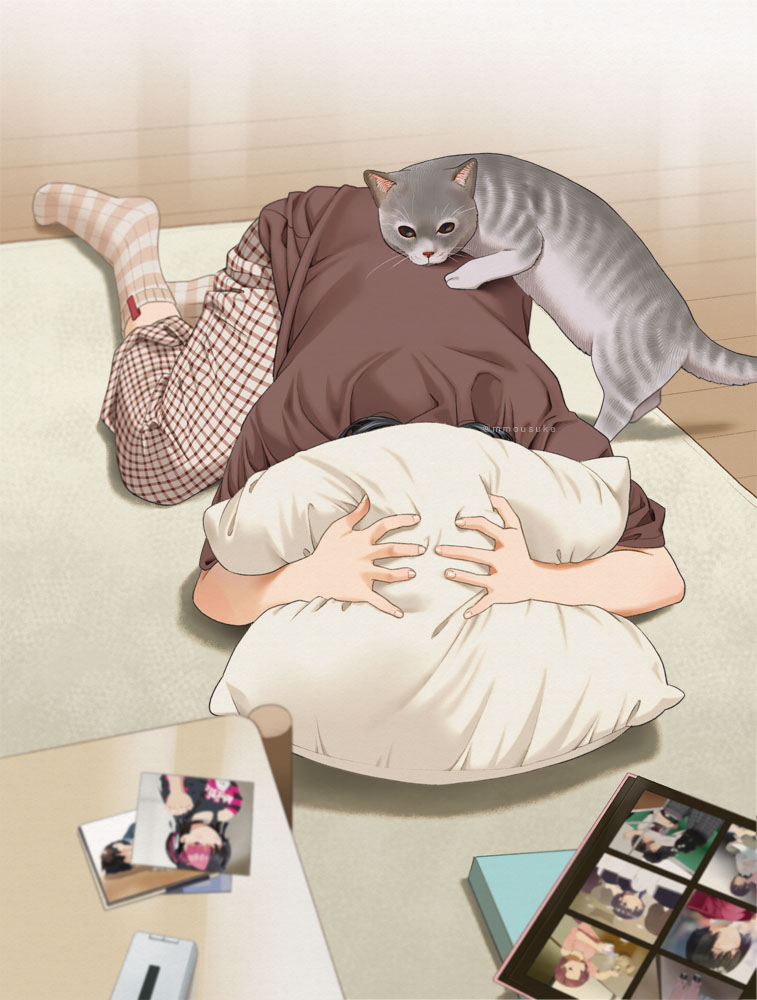 1girl black_hair brown_shirt carpet cat cellphone covering_head full_body grey_cat holding indoors mattaku_mousuke medium_hair no_shoes on_ground original pants patterned_clothing phone photo_(object) picture_frame pillow ribbed_socks shadow shirt short_sleeves table twitter_username