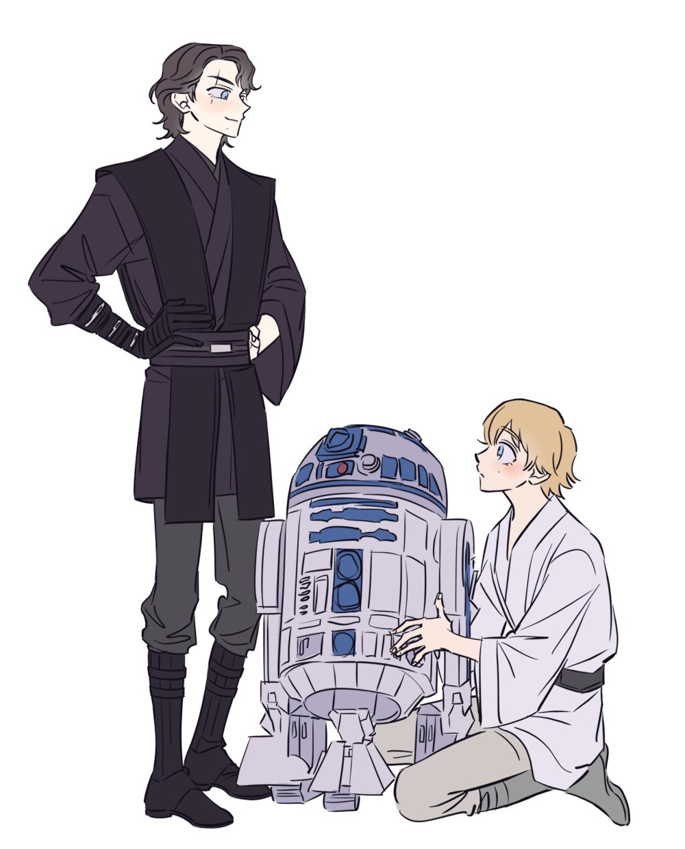 1girl 2boys anakin_skywalker android boots droid expressionless father_and_son happy highres jedi luke_skywalker multiple_boys r2-d2 robot scar scar_across_eye simple_background skdlfjgrp smile star_wars star_wars:_a_new_hope star_wars:_revenge_of_the_sith time_paradox white_background
