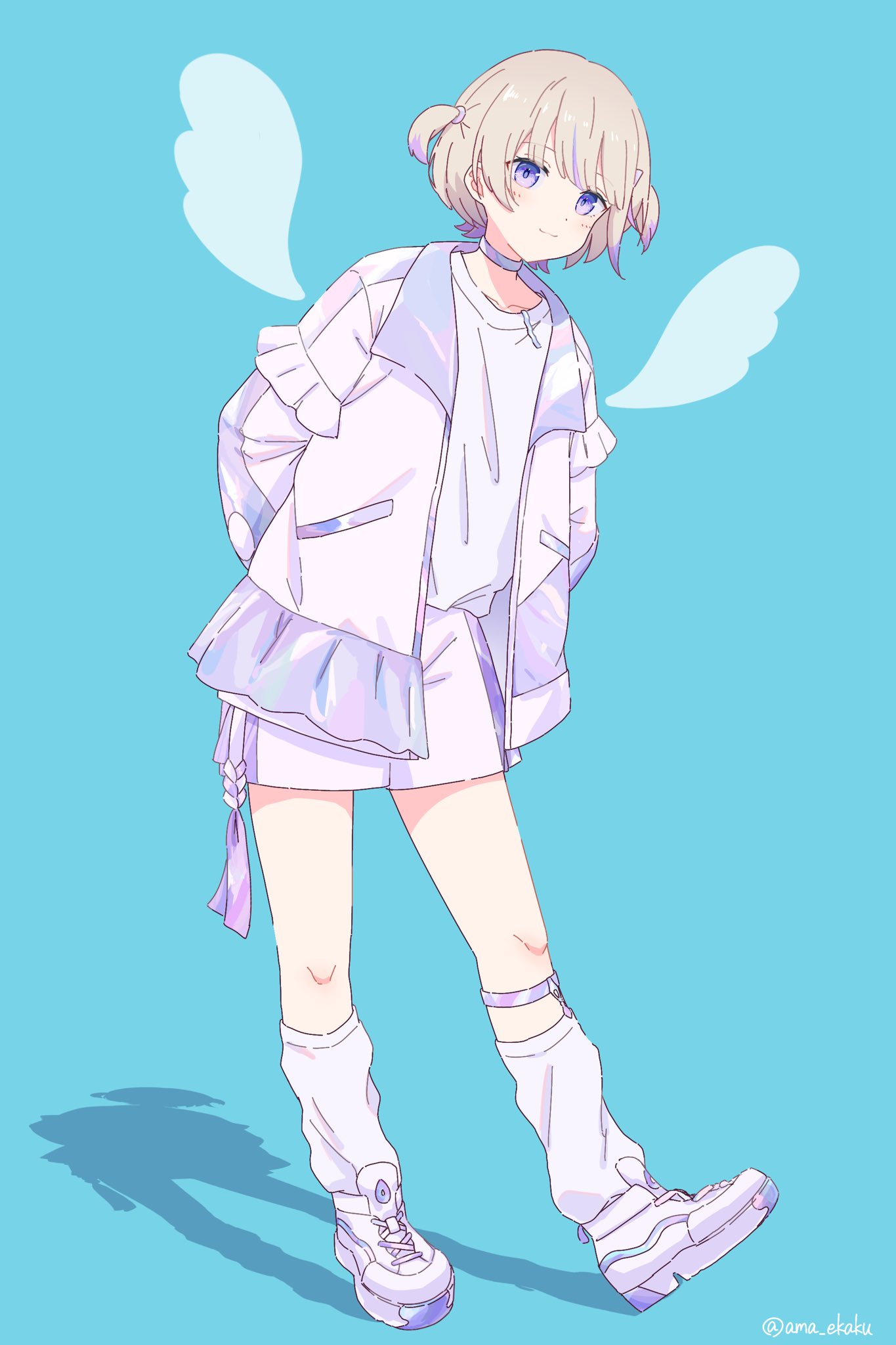 1girl :3 ama_(ama_ekaku) angel_wings arms_behind_back baggy_socks blonde_hair blue_background choker closed_mouth collarbone commentary dot_nose highres hololive jacket leaning_to_the_side looking_at_viewer multicolored_hair open_clothes open_jacket pants purple_choker purple_hair purple_jacket purple_pants shirt shoes short_hair simple_background smile socks solo standing streaked_hair todoroki_hajime twitter_username two-tone_hair two_side_up violet_eyes virtual_youtuber white_footwear white_shirt white_socks wings