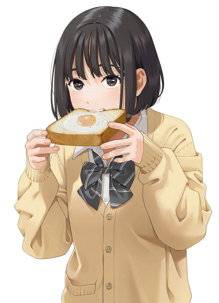 1girl biting black_bow black_bowtie black_hair blush bow bowtie brown_eyes collared_shirt commentary_request eating food fried_egg fried_egg_on_toast hands_up holding long_sleeves looking_at_viewer mattaku_mousuke medium_hair original school_uniform shirt simple_background sleeves_past_wrists solo striped striped_bow striped_bowtie toast twitter_username upper_body white_background white_shirt