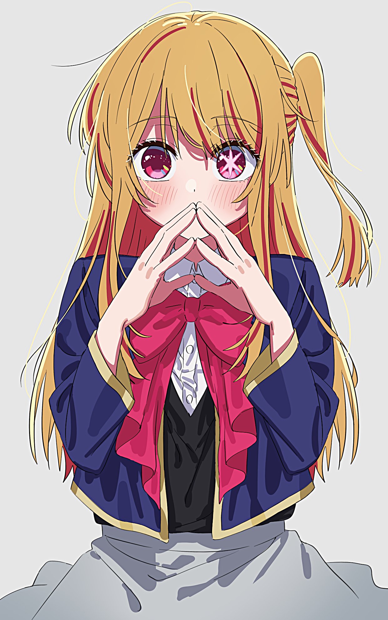1girl black_sweater_vest blonde_hair blue_jacket blush bow bowtie collared_shirt commentary cropped_jacket dress_shirt grey_background grey_skirt hair_between_eyes highres hoshino_ruby jacket long_hair long_sleeves looking_at_viewer mismatched_pupils no_pupils one_side_up open_clothes open_jacket oshi_no_ko pink_bow pink_bowtie pink_eyes school_uniform shadow shirt sidelocks simple_background skirt solo star-shaped_pupils star_(symbol) steepled_fingers sweater_vest symbol-shaped_pupils to9_722 upper_body white_shirt youtou_high_school_uniform
