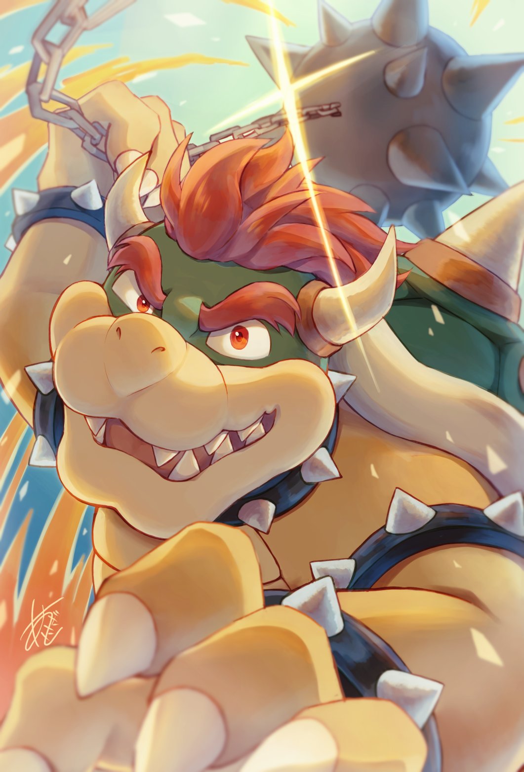 agisato ball_and_chain_(weapon) bowser bracelet collar green_scales highres jewelry nintendo red_eyes redhead signature spiked_ball_and_chain spiked_bracelet spiked_collar spiked_shell spikes super_mario_bros. super_mario_rpg yellow_scales