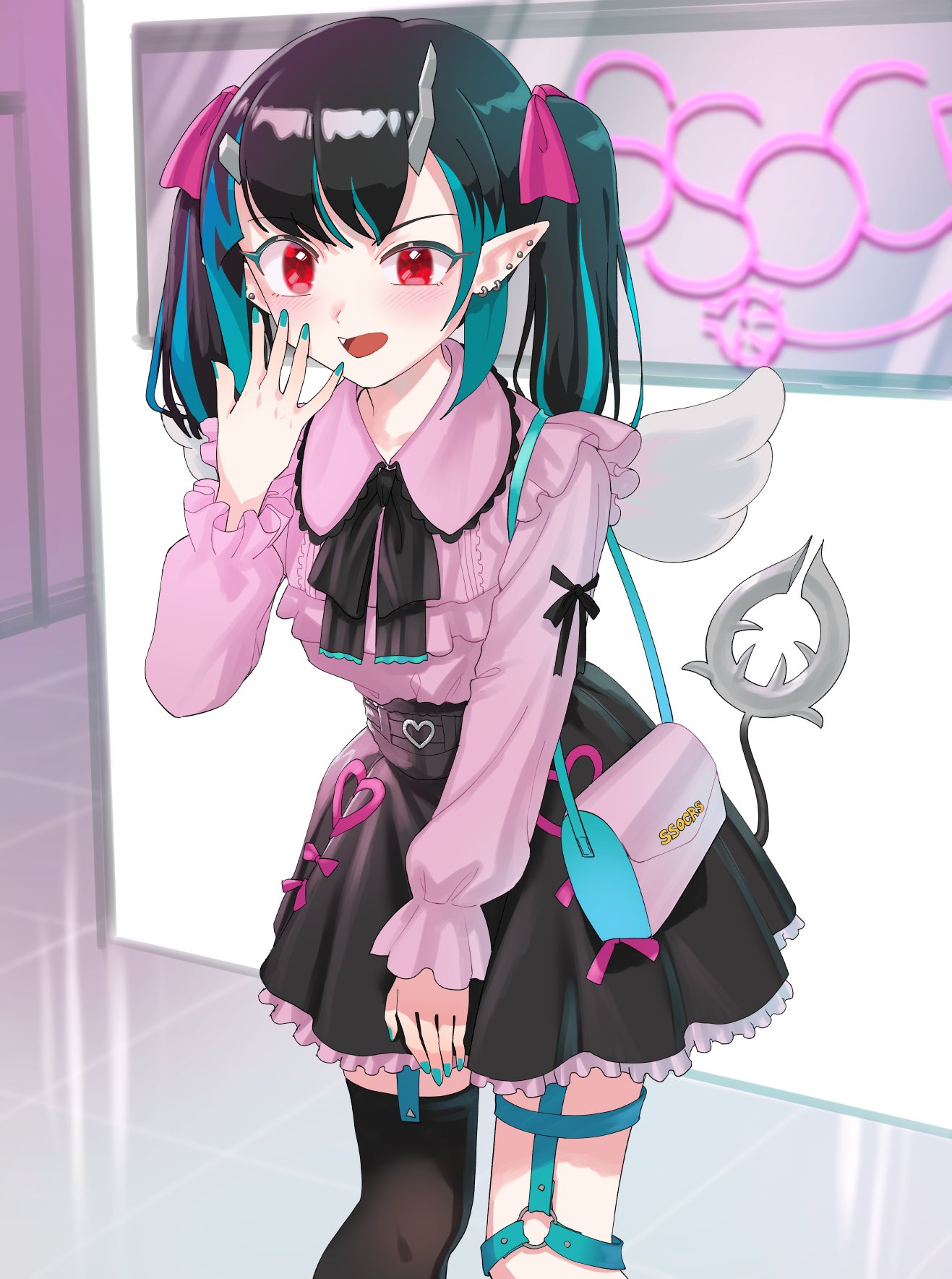 1girl alternate_costume alternate_hairstyle bag black_bow black_bowtie black_hair black_skirt black_thighhighs blue_hair blue_nails blush bow bowtie buren commentary_request demon_girl demon_horns demon_tail earrings fang feet_out_of_frame fingernails flat_chest frilled_shirt frills hair_bow hand_up handbag highres horns indoors jewelry jirai_kei leaning_forward long_hair looking_at_viewer medium_bangs multicolored_hair multiple_earrings nanashi_inc. open_mouth pink_bag pink_bow pink_shirt pointy_ears red_eyes shirt shishio_chris single_thighhigh skirt smile solo standing stud_earrings tail thigh-highs twintails two-tone_hair virtual_youtuber