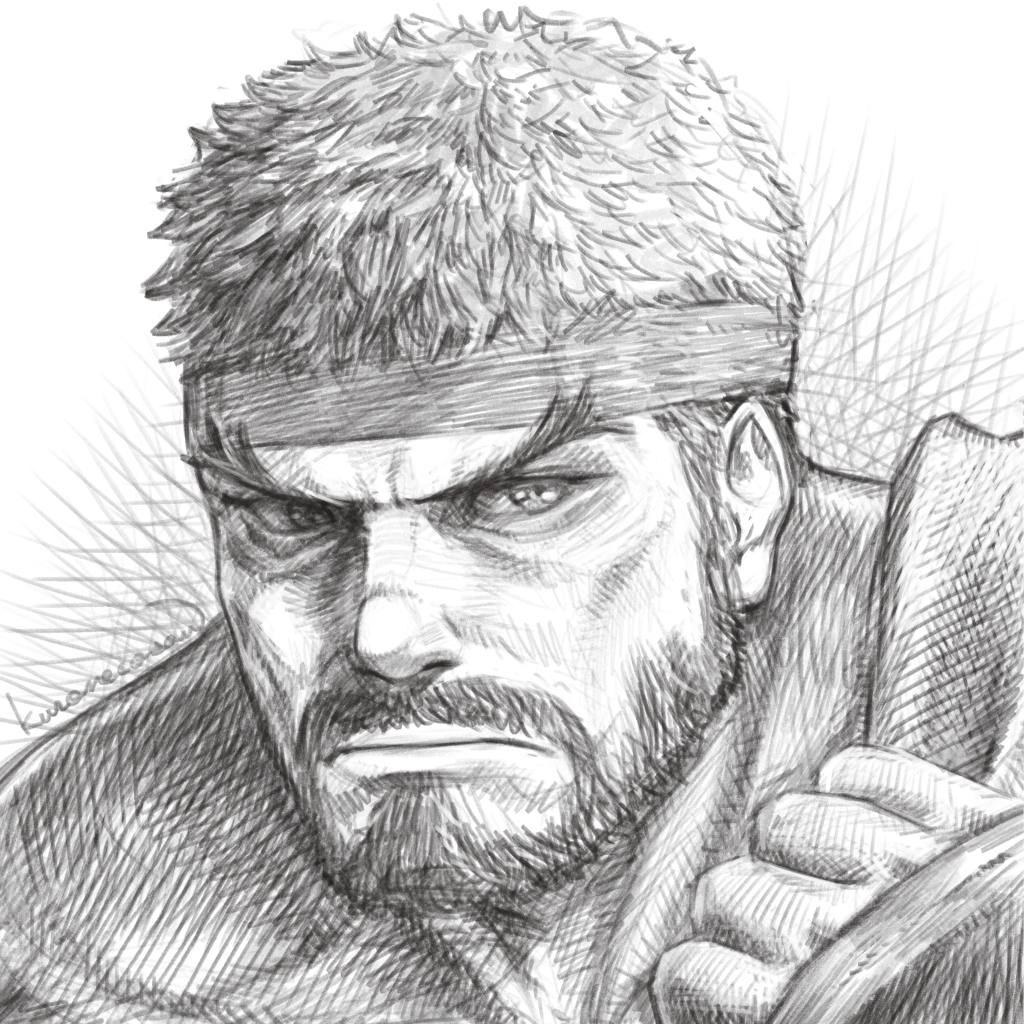1boy beard clenched_hand facial_hair forked_eyebrows frown graphite_(medium) headband kuroneco looking_at_viewer male_focus muscular muscular_male mustache portrait ryu_(street_fighter) short_hair solo street_fighter thick_eyebrows traditional_media