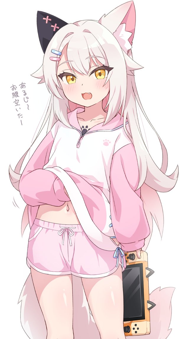 1girl :d animal_ears clothes_lift dolphin_shorts fang fox_ears fox_girl fox_tail hand_under_clothes handheld_game_console holding holding_handheld_game_console hood hood_down hoodie hoodie_lift lifted_by_self long_hair long_sleeves looking_at_viewer navel open_mouth original pink_hoodie pink_shorts short_shorts shorts sleeves_past_wrists smile tail translation_request two-tone_hoodie ug_(nekonekodou) white_hair white_hoodie yellow_eyes
