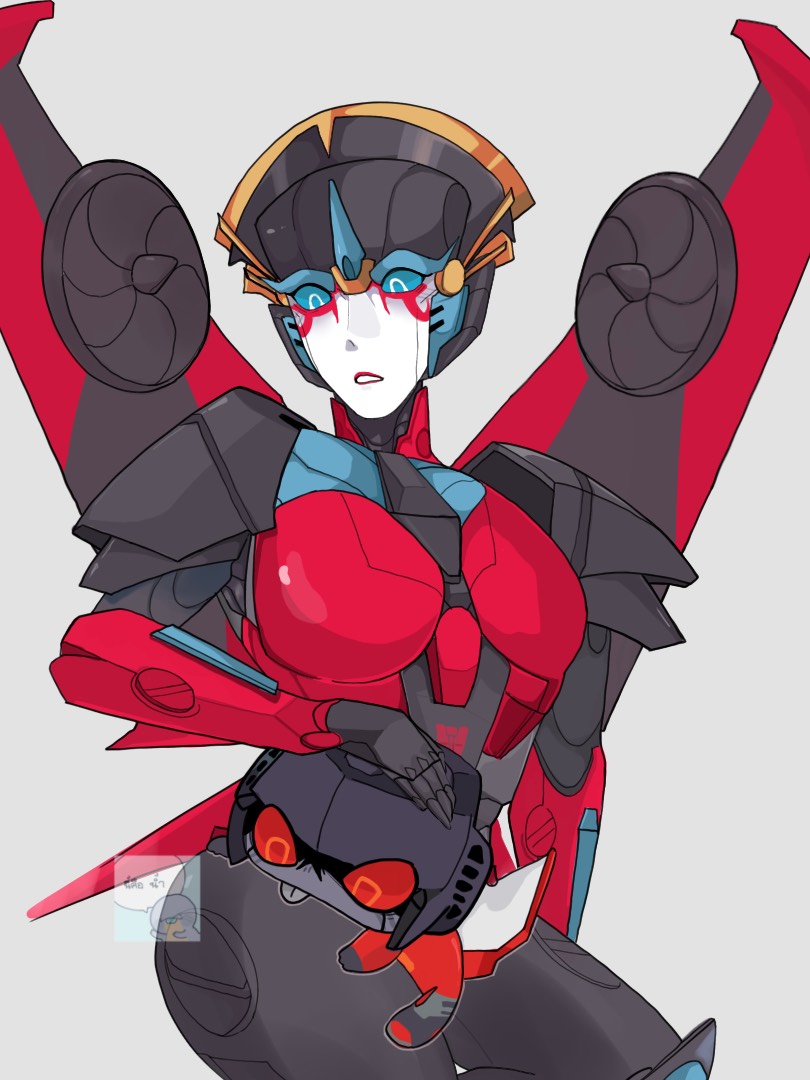 1boy 1girl autobot blue_eyes breasts large_breasts licking licking_thigh mecha mecha_musume mechanical_wings ppg14217787 robot simple_background starscream thick_thighs thighs transformers windblade wings