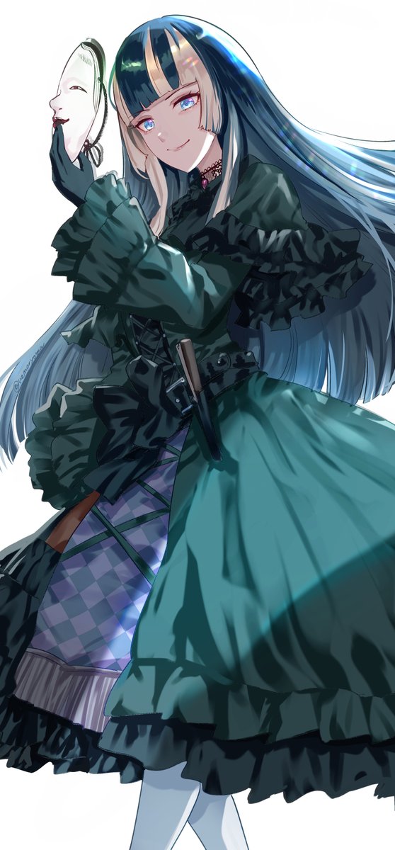 1girl black_gloves black_hair blue_eyes choker dress folding_fan gloves green_dress grey_hair hand_fan highres holding holding_mask hololive juufuutei_raden lace lace_choker long_hair mask multicolored_hair noh_mask smile two-tone_hair uenoryoma virtual_youtuber white_background