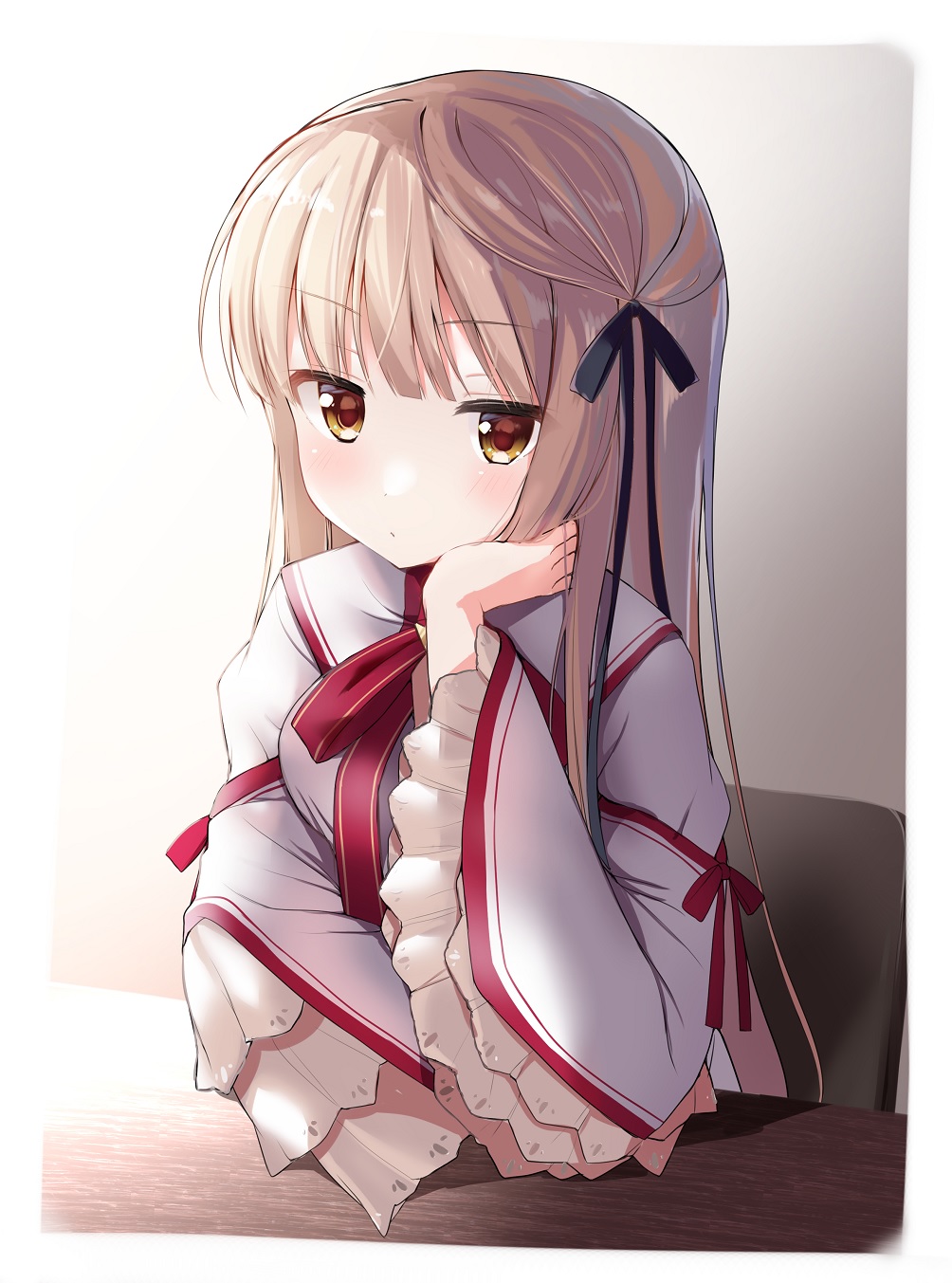 1girl black_ribbon blunt_bangs blush border brown_eyes closed_mouth commentary elbow_on_table expressionless eyelashes frilled_sleeves frills gradient_background hair_ribbon hand_on_own_cheek hand_on_own_face hand_up highres juliet_sleeves kazamatsuri_institute_high_school_uniform light_brown_hair long_hair long_sleeves looking_at_viewer neck_ribbon on_chair puffy_sleeves red_ribbon rewrite ribbon school_uniform senri_akane sidelighting simple_background sitting solo straight_hair takepoison upper_body very_long_hair white_background white_border wide_sleeves