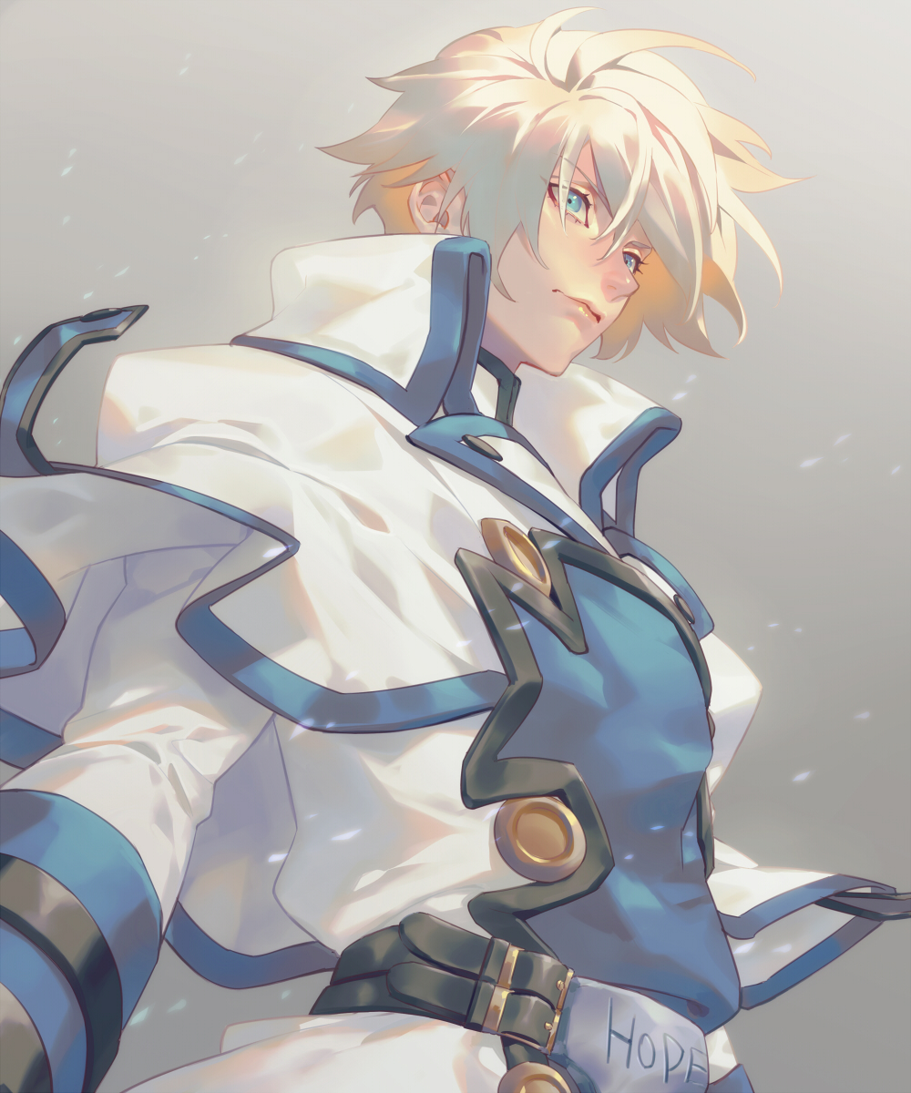 1boy belt blonde_hair blue_eyes closed_mouth english_text grey_background guilty_gear guilty_gear_x guilty_gear_xx highres ky_kiske looking_afar male_focus shaded_face short_hair simple_background solo talgi wind wind_lift