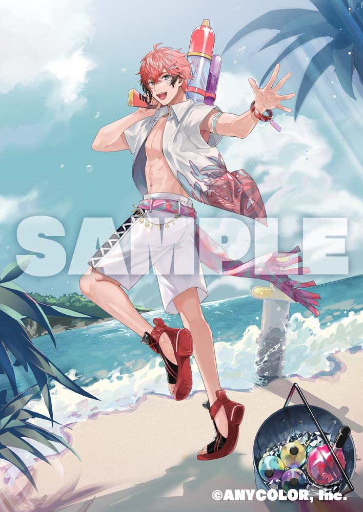 1boy :d akagi_wen arm_strap bandaid bandaid_on_face beach black_hair blue_eyes bottle bracelet bucket clouds collared_shirt copyright crossed_bangs day fringe_trim hair_between_eyes hair_ornament hairclip hand_up hawaiian_shirt holding holding_water_gun ice ice_bucket ice_cube inflatable_sword jewelry kunimitsu_(9nimi2) light_rays looking_at_viewer looking_back male_focus multicolored_hair nijisanji ocean official_art open_clothes open_shirt outstretched_arm over_shoulder palm_tree pink_hair pink_sash plant planted planted_sword red_footwear sample_watermark sandals sash shirt short_hair short_sleeves shorts smile solo standing standing_on_one_leg streaked_hair sword teeth tree upper_teeth_only virtual_youtuber water_gun weapon white_shirt white_shorts