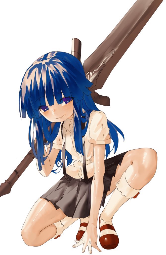 1girl arm_support black_skirt blue_eyes blue_hair closed_mouth commentary english_commentary furude_rika higurashi_no_naku_koro_ni holding holding_sword holding_weapon long_hair looking_at_viewer red_footwear shirt short_sleeves simple_background skirt smile socks solo squatting suspenders sword tomatolover16 weapon white_background white_shirt white_socks