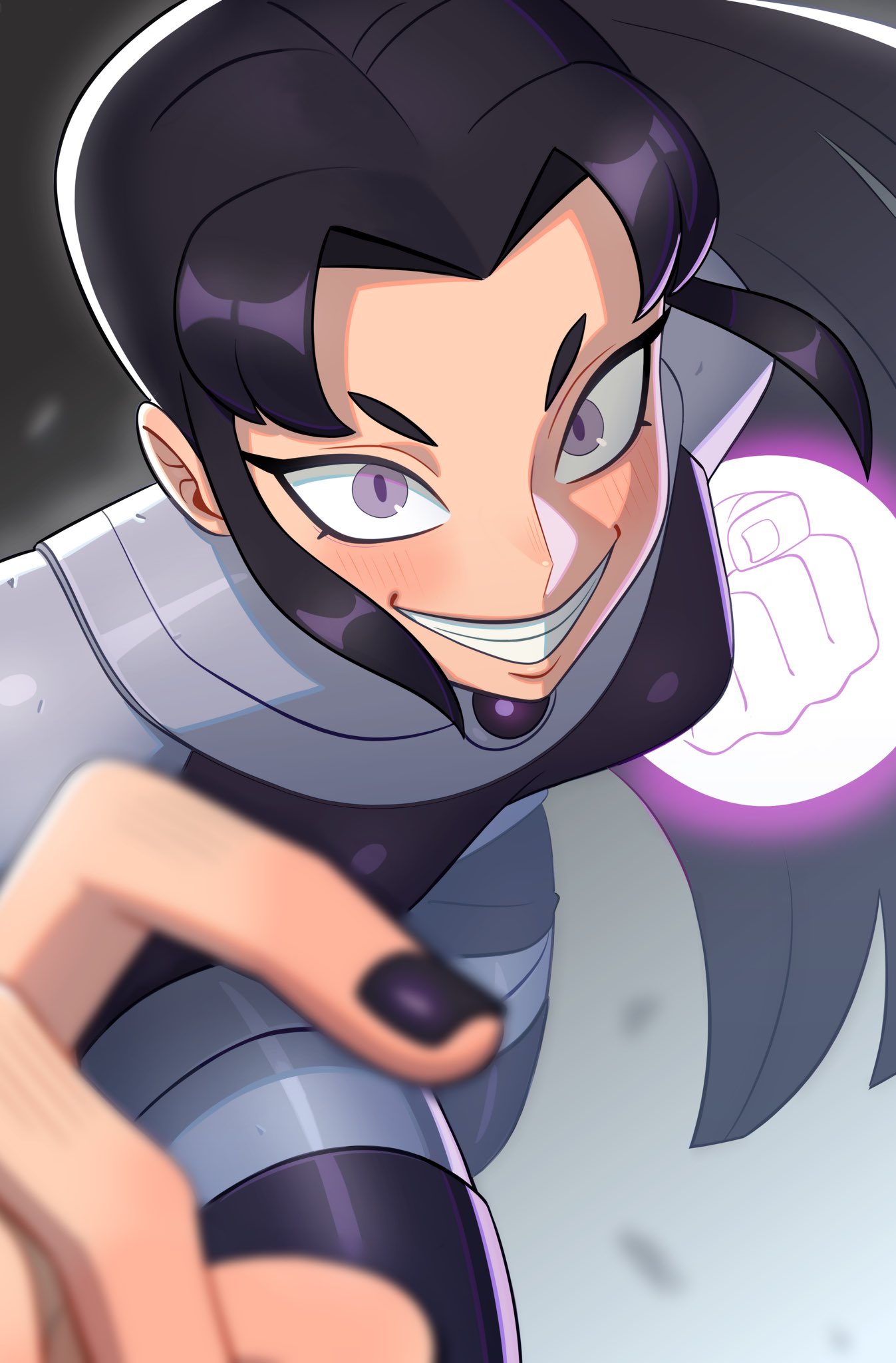 1girl awawawaart black_hair black_nails blackfire clenched_hand dc_comics energy_fist evil_smile highres long_hair looking_at_viewer smile teen_titans violet_eyes