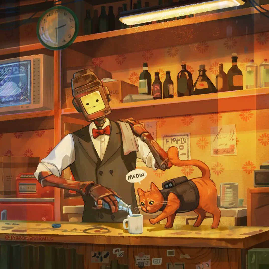 2boys alcohol animal bar_(place) black_vest bottle bow bowtie cat clock cup english_commentary english_text ginger_(stray) holding holding_bottle indoors looking_at_another looking_at_object meowing multiple_boys no_humans pouring red_bow red_bowtie ribbonentrails robot shirt speech_bubble stray_(game) twitter_username vest waiter water_bottle white_shirt