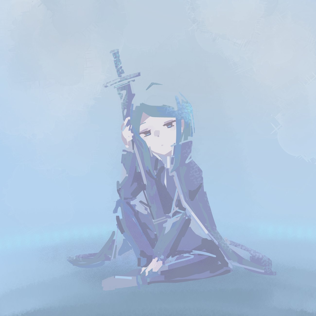 1other black_coat black_shirt blue_background blue_eyes blue_hair coat expressionless grey_footwear hand_on_own_leg highres holding holding_sword holding_weapon library_of_ruina long_sleeves looking_at_viewer pale_skin porccu_200g project_moon shirt short_hair sidelocks sitting sketch sword the_bookhunter weapon
