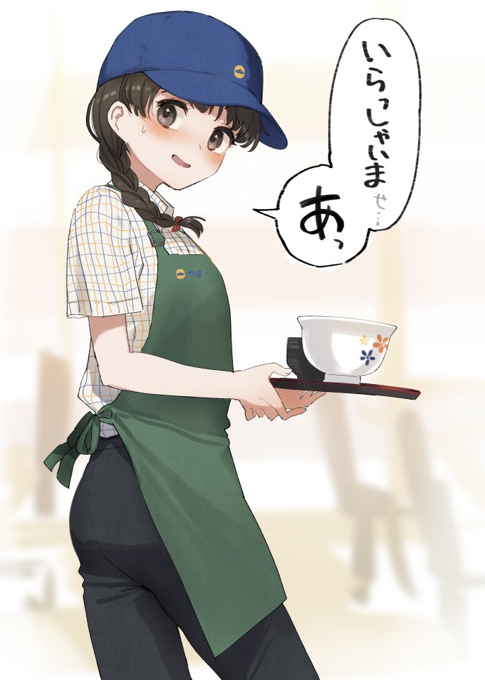 1girl apron black_eyes black_hair black_pants blue_headwear blush bowl braid breasts collared_shirt green_apron hat holding holding_tray kantai_collection long_hair looking_at_viewer one-hour_drawing_challenge open_mouth pants shirt short_sleeves single_braid small_breasts smile solo speech_bubble standing translation_request tray uranami_(kancolle) waitress yamashichi_(mtseven)