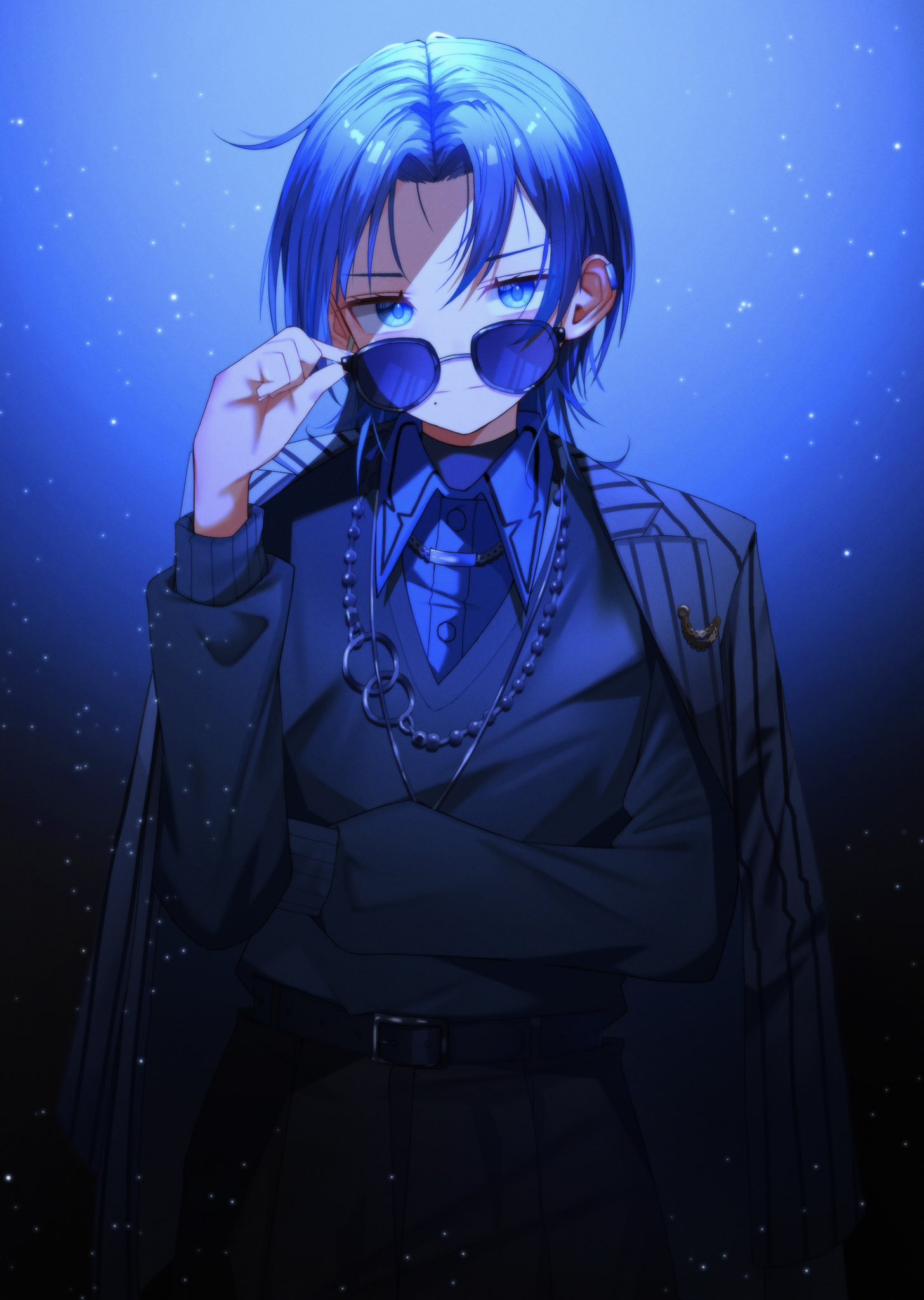 1girl adjusting_eyewear aviator_sunglasses blue_eyes blue_hair closed_mouth collared_shirt earclip highres hiodoshi_ao hololive jacket jewelry long_sleeves looking_at_viewer mole mole_under_mouth necklace open_clothes open_jacket pants shirt short_hair solo striped striped_jacket suit sunglasses sweater temari_maco vertical-striped_jacket vertical_stripes virtual_youtuber