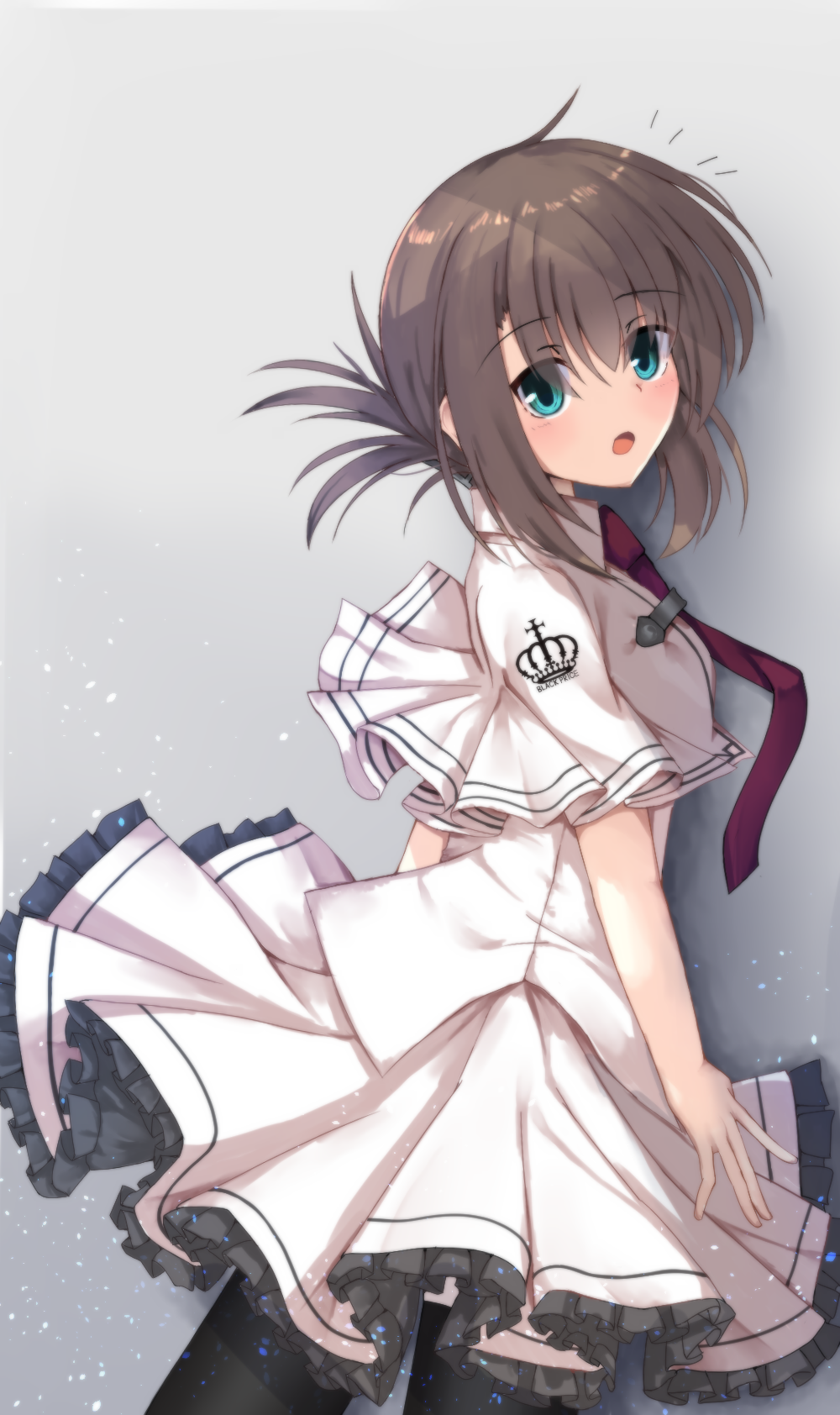 1girl :o \||/ aqua_eyes arms_at_sides black_thighhighs blush brown_hair capelet commentary_request cowboy_shot crown_print drop_shadow eyes_visible_through_hair floating_clothes folded_ponytail frilled_skirt frills from_side grey_background hair_between_eyes highres light_particles looking_at_viewer medium_hair necktie nodoameyatou notice_lines open_mouth pleated_skirt red_necktie school_uniform shirt simple_background skirt solo standing subarashiki_hibi tachibana_kimika thigh-highs white_capelet white_shirt white_skirt