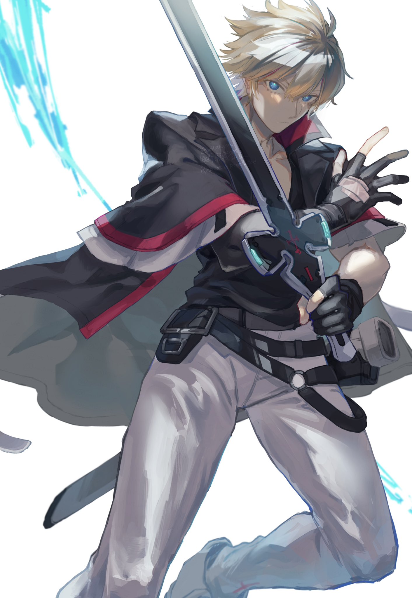 1boy alternate_color belt black_gloves black_jacket black_shirt blonde_hair blue_eyes collarbone commission gloves guilty_gear guilty_gear_strive highres holding holding_sword holding_weapon jacket jacket_on_shoulders ky_kiske looking_at_viewer male_focus oeillet_vie pants partially_fingerless_gloves shaded_face sheath shirt simple_background skeb_commission solo sword thunderseal v-neck weapon white_background white_pants