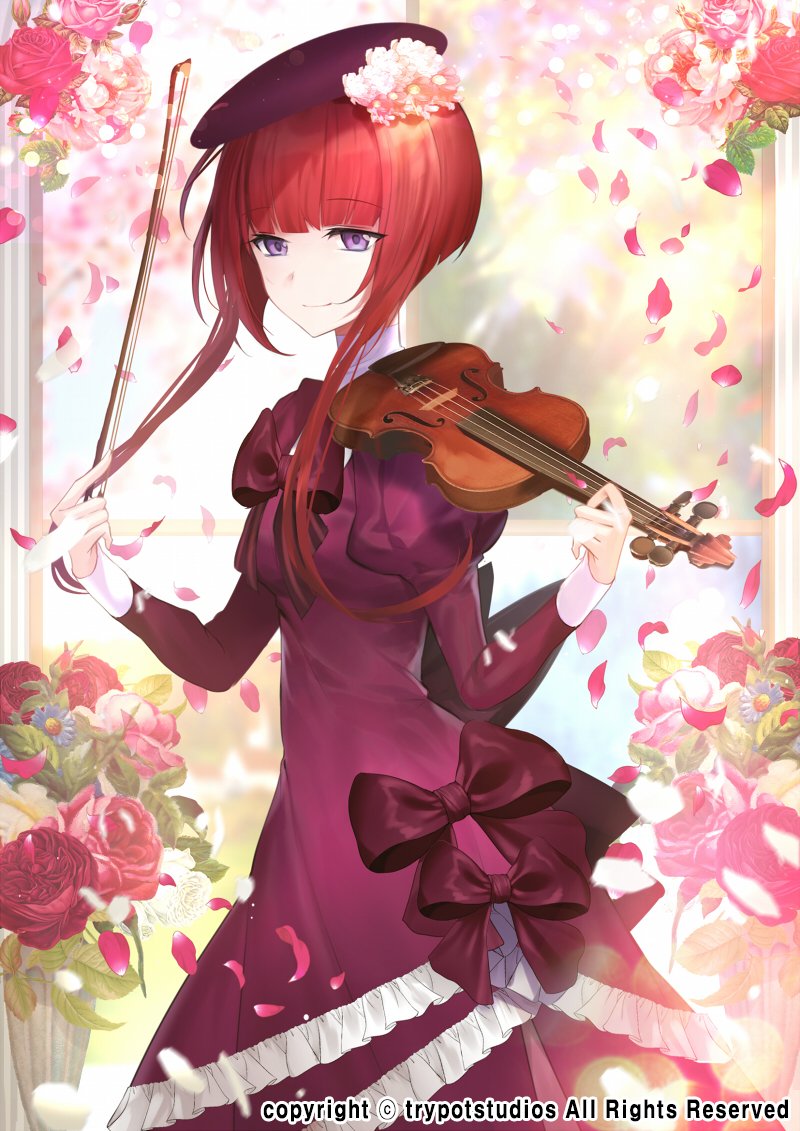 1girl beret blue_flower blunt_bangs blurry blurry_background bob_cut bow bowtie carchet closed_mouth copyright daisy dress dress_bow falling_petals feet_out_of_frame flower frilled_dress frills hat hat_flower holding holding_bow_(music) holding_instrument instrument inverted_bob juliet_sleeves korean_commentary long_dress long_sleeves looking_at_viewer looking_to_the_side official_art petals pink_dress pink_flower pink_rose puffy_sleeves purple_headwear red_bow red_bowtie red_flower red_rose redhead rose short_hair_with_long_locks sid_story smile solo standing vase violet_eyes violin vivaldi_(sid_story) white_flower white_rose window